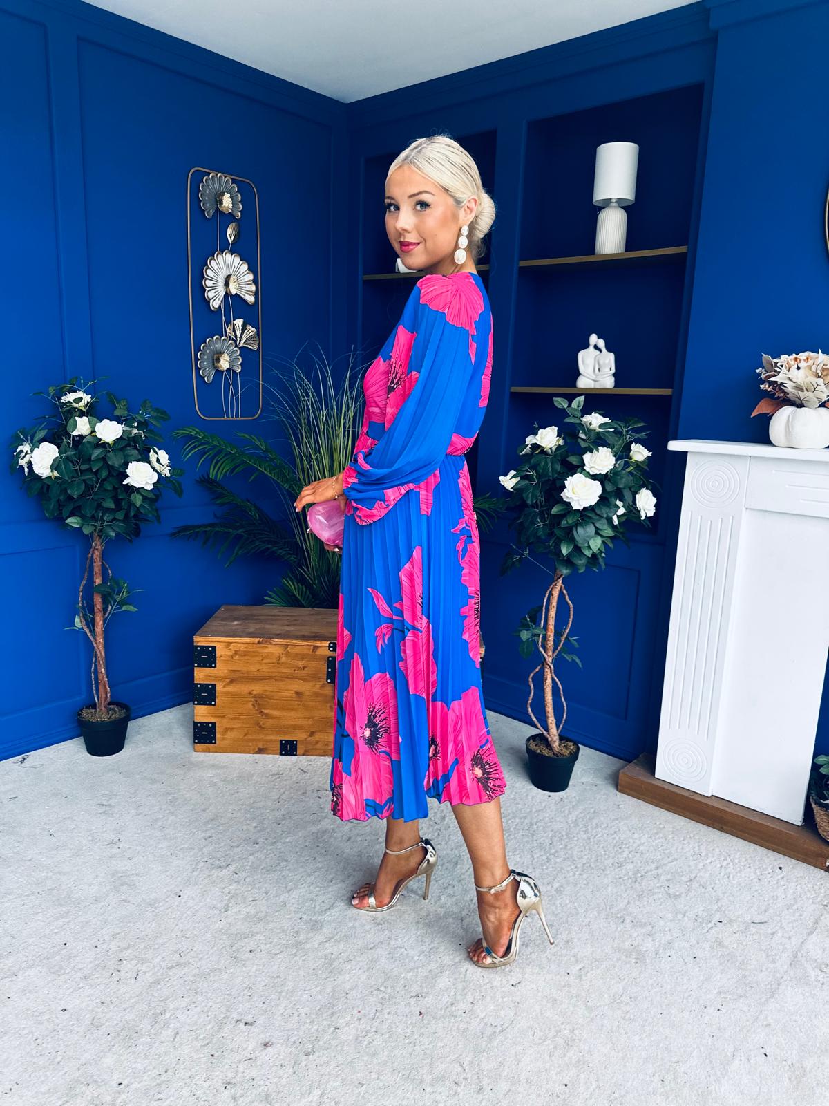 Caitriona Pleated Midi Dress Floral Cobalt