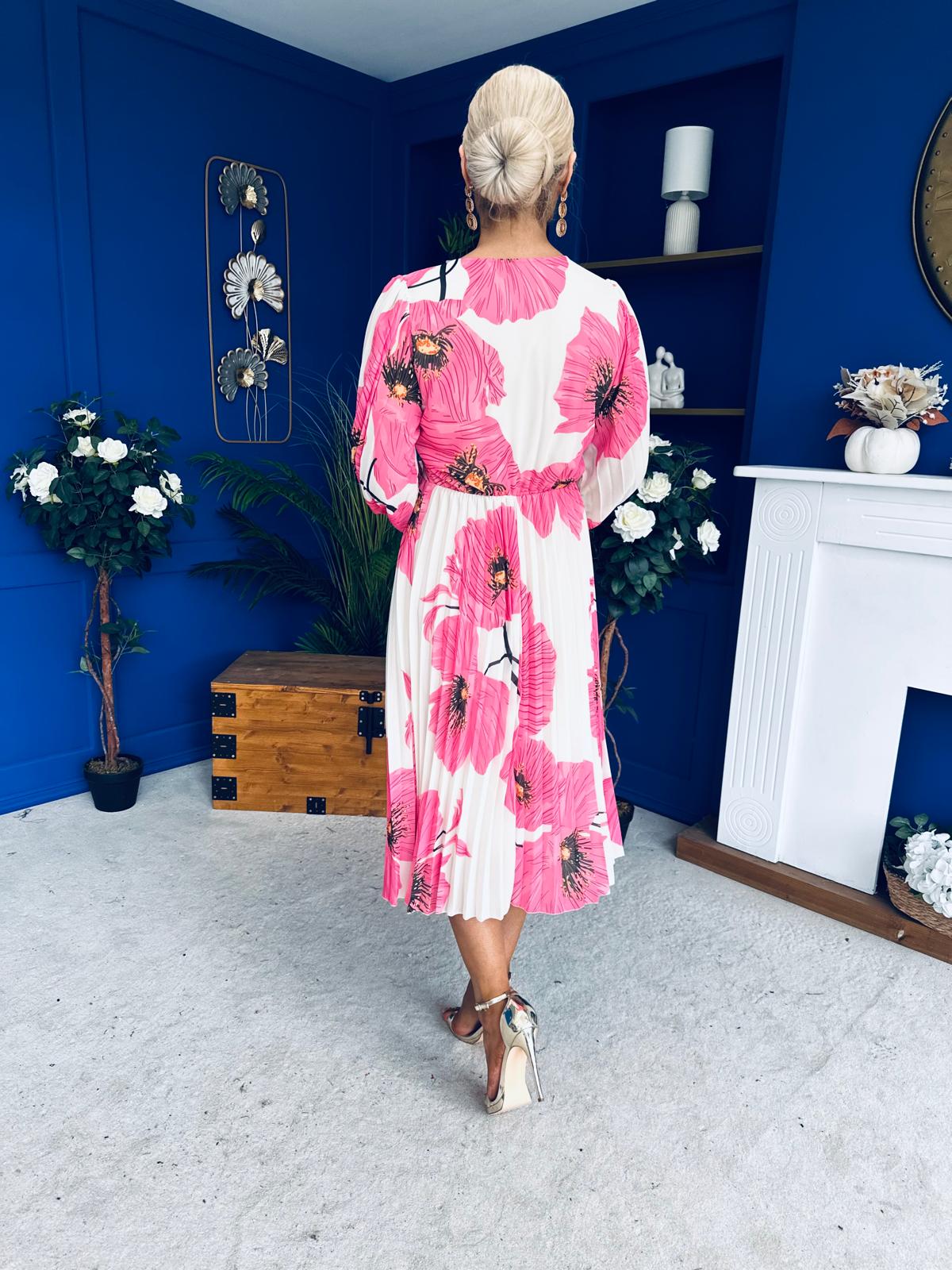 Caitriona Pleated Midi Dress Floral White