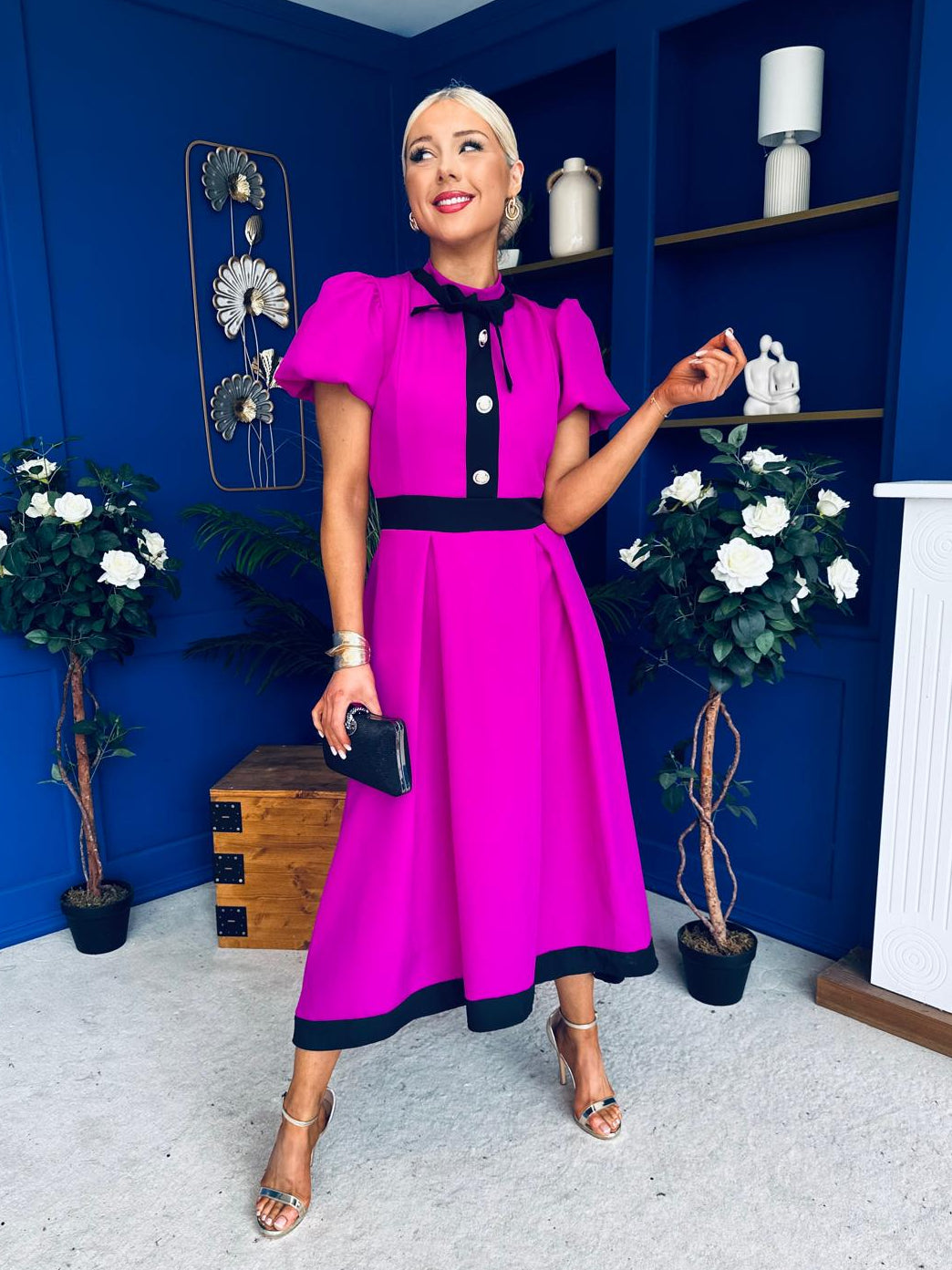 Vicky Puff Sleeve Occasion Midi Dress Orchid – Canella Lane