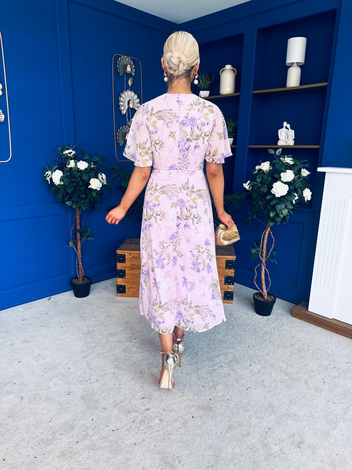 Daisy Wrap Neck Twist Detail Midi Dress Lilac