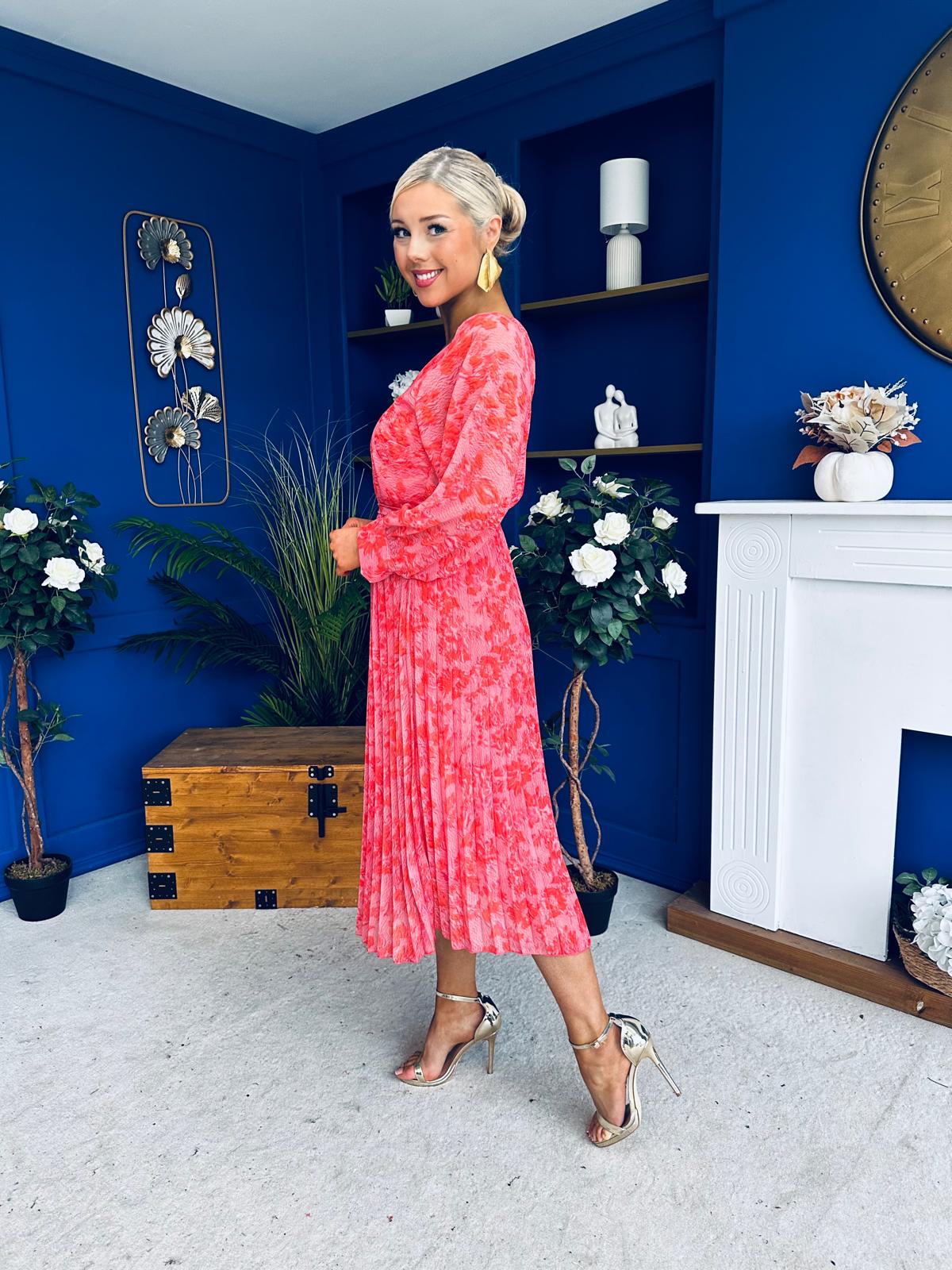 Caragh Pleated Midi Dress Floral Coral