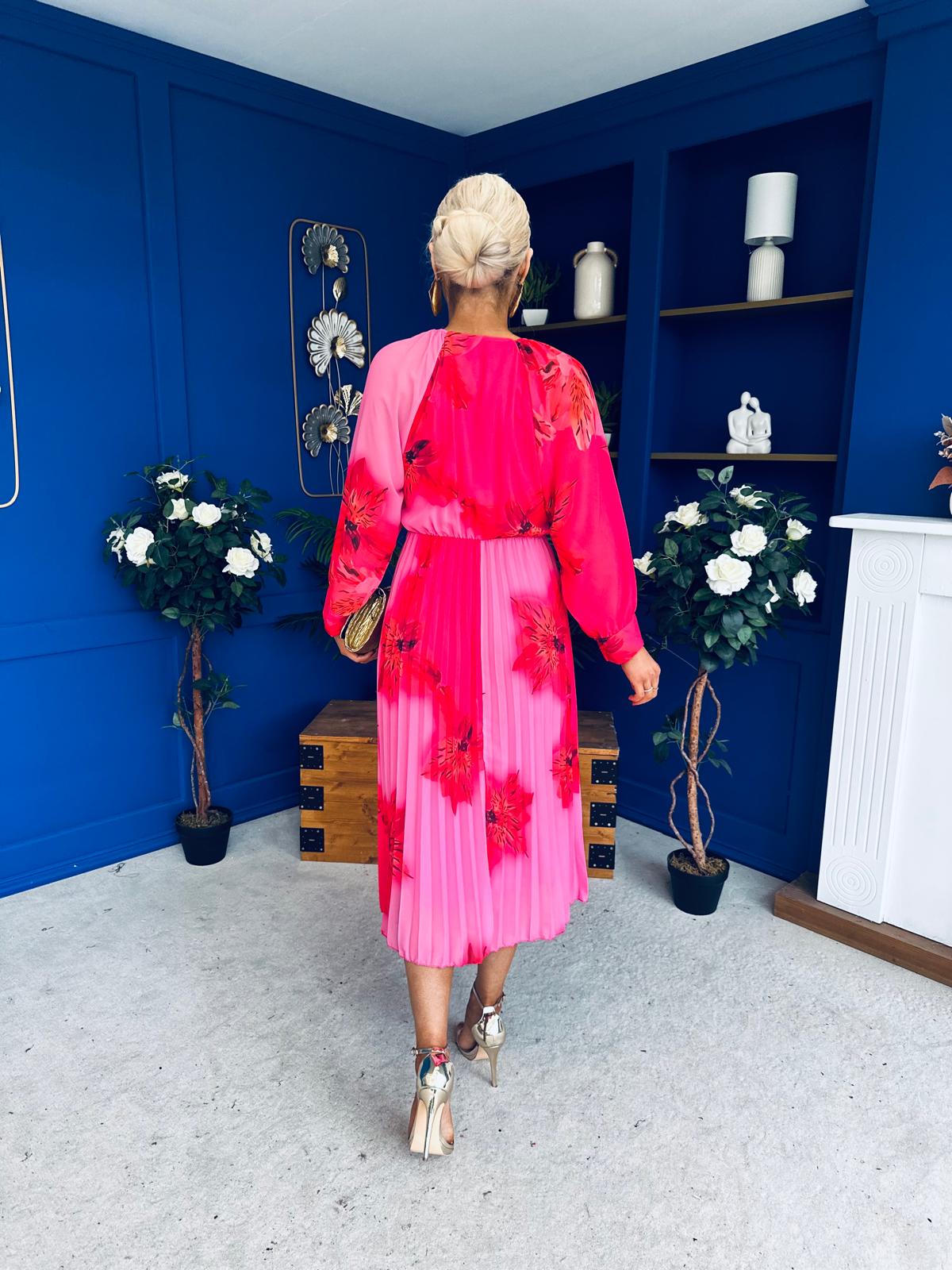 Caragh Pleated Midi Dress Floral Cerise