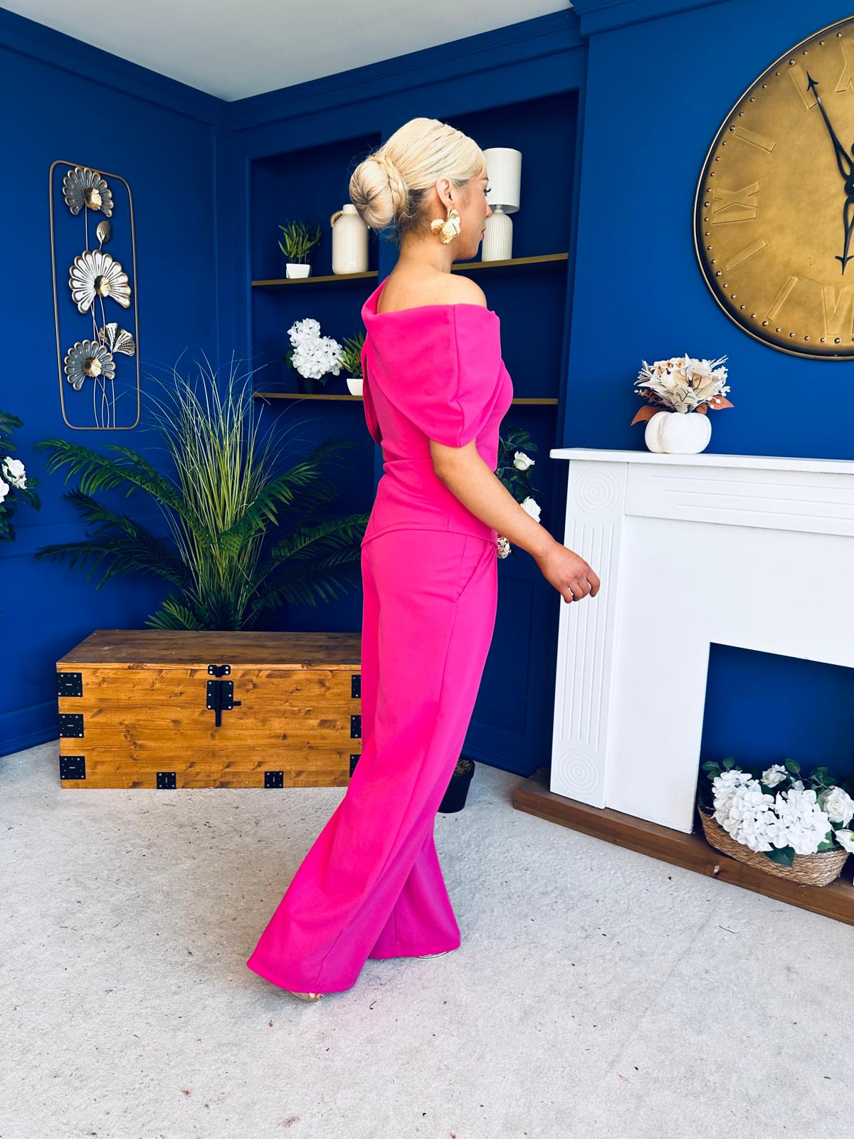 Isabella Detailed Top And Trouser Set Fuchsia