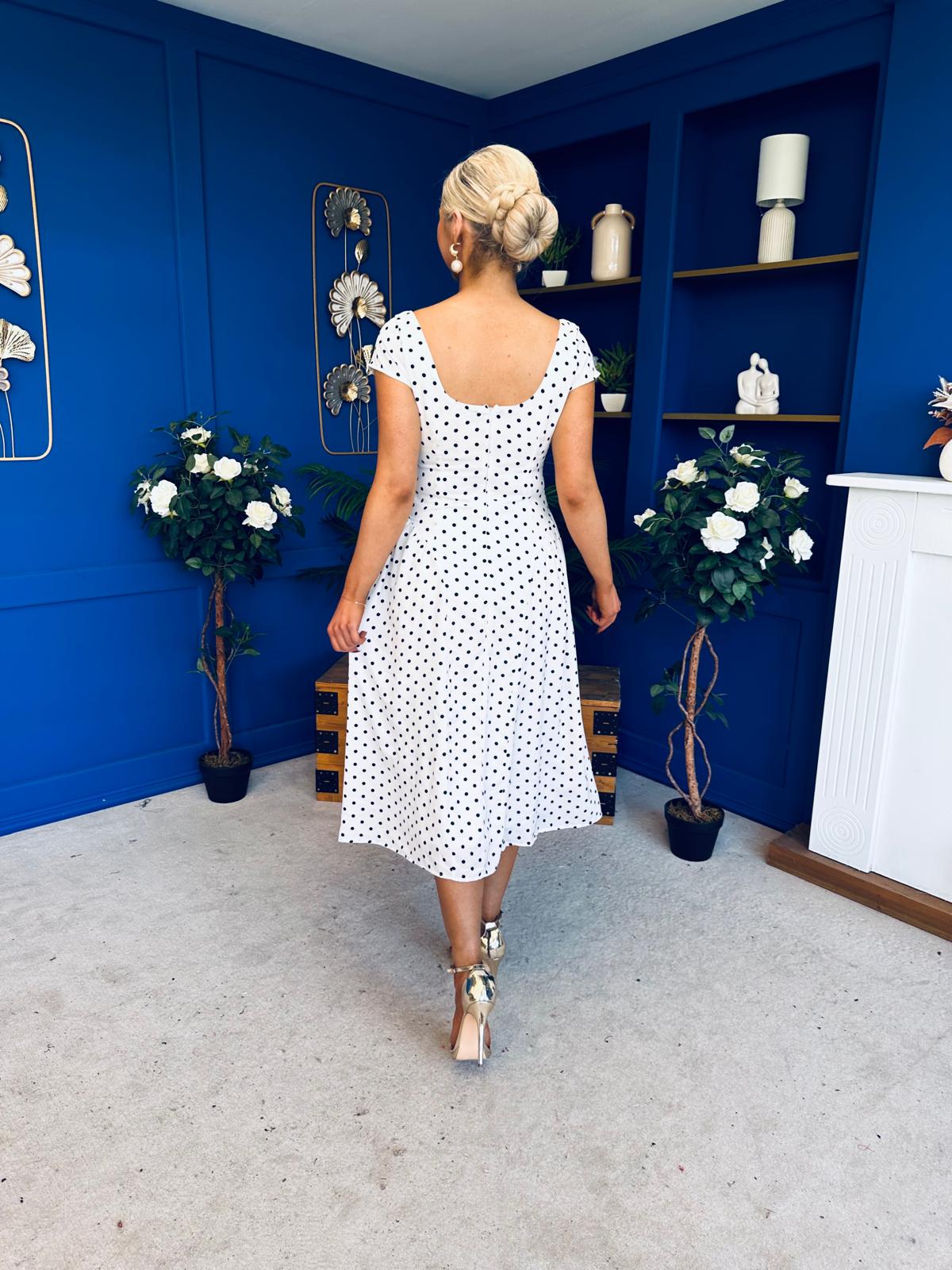 Ebby Pleated Bust Strappy Midi Dress Polka White