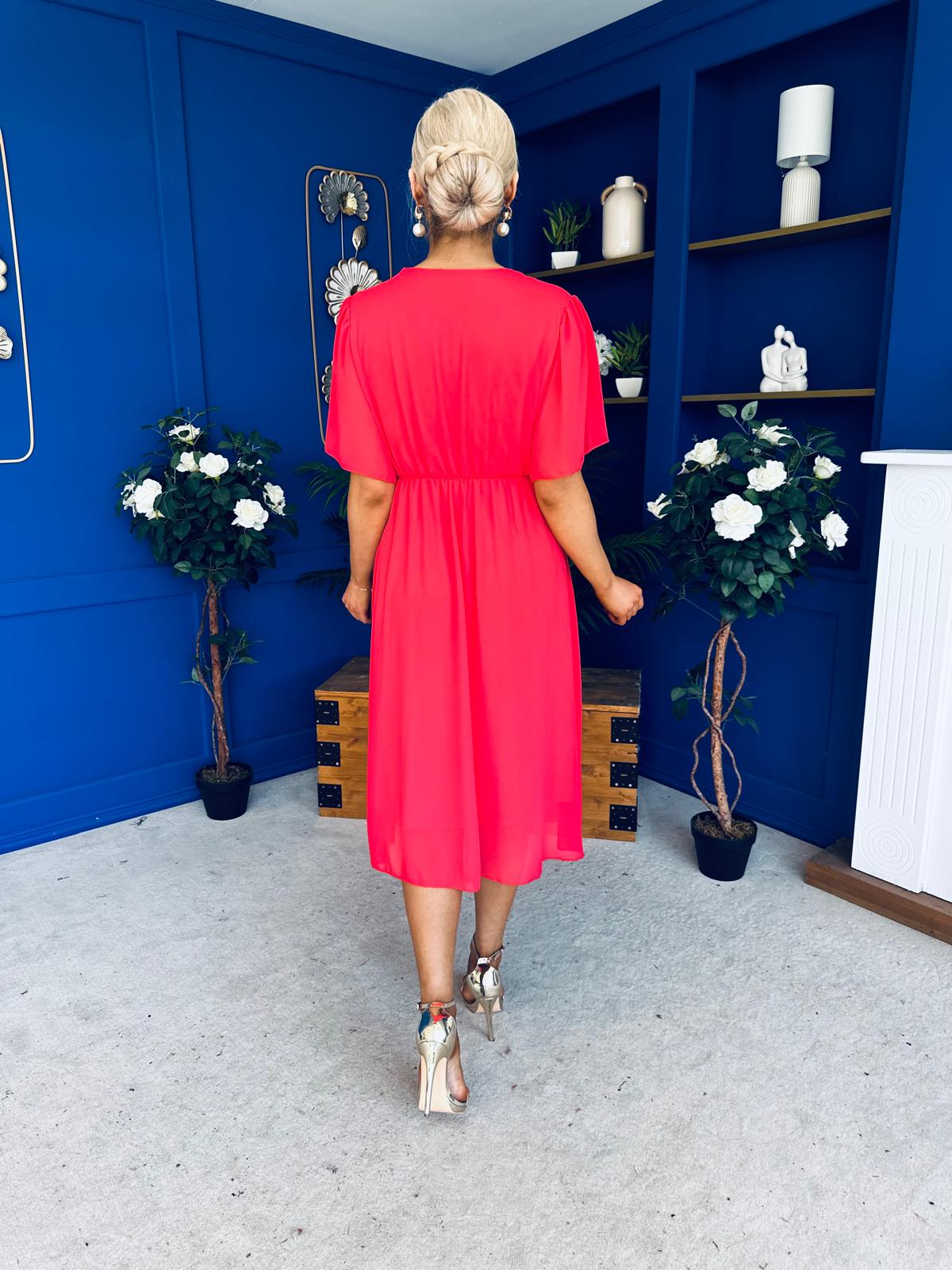 Mabel Pleat Detail Midi Dress Coral