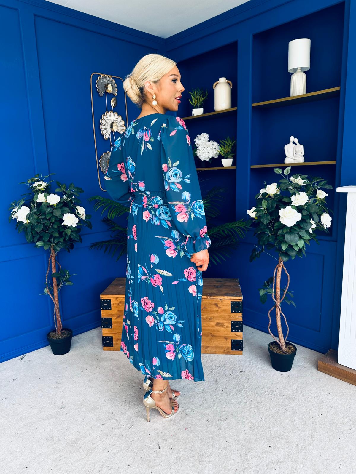 Blaithin Pleated Midi Dress Floral Midnight Blue