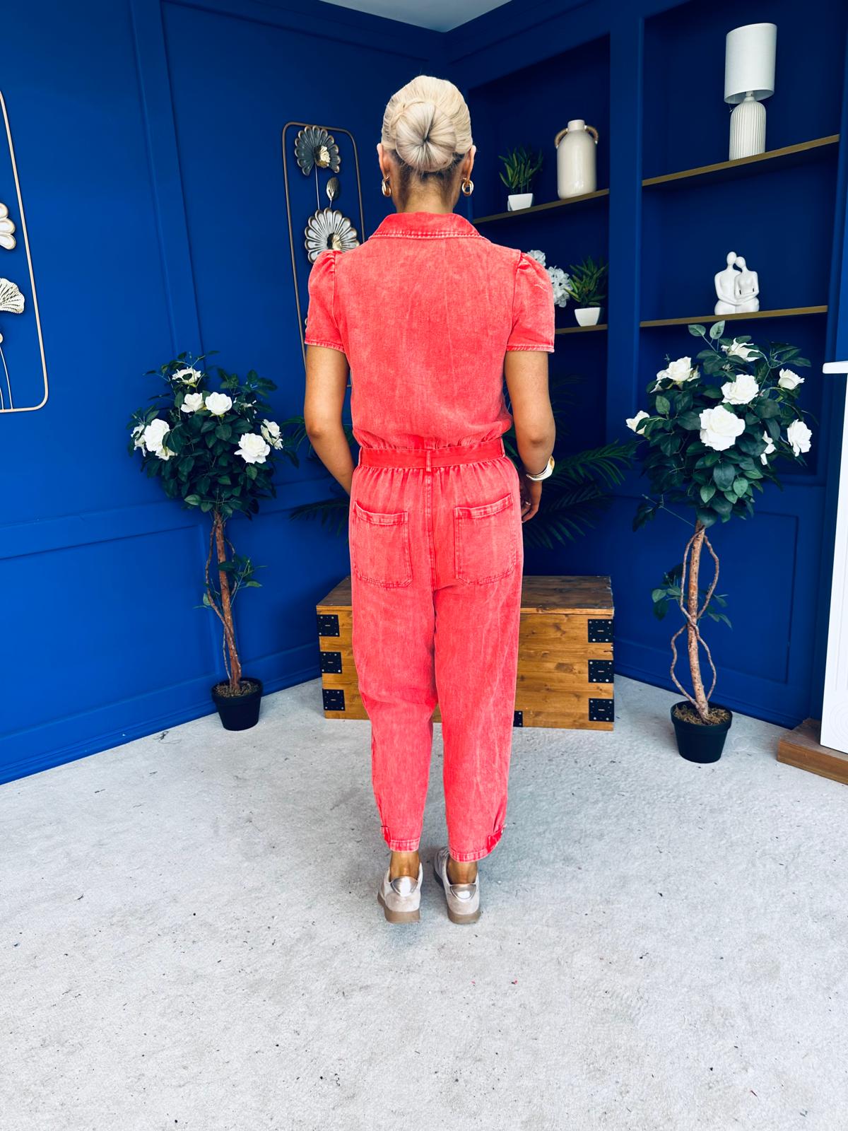 Marissa Short Sleeve Denim Jumpsuit Coral PRE ORDER Arriving 11 March