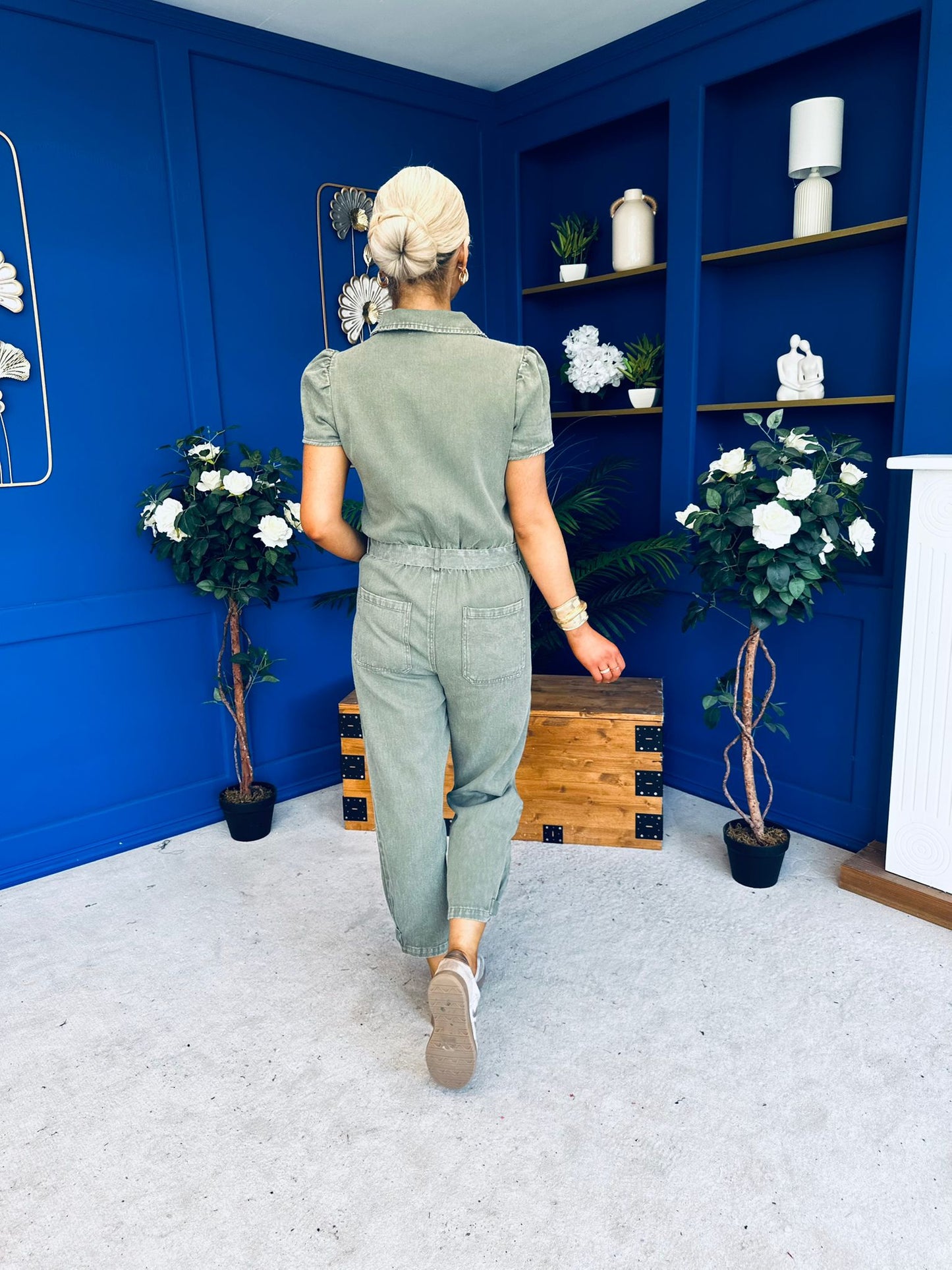 Marissa Short Sleeve Denim Jumpsuit Khaki PRE ORDER Arriving 11 March