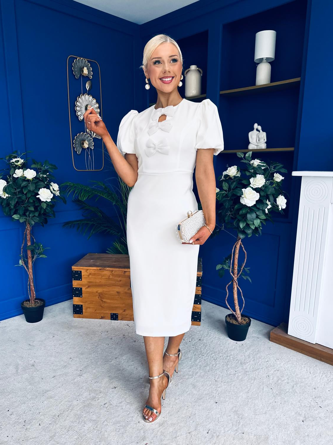 Emma Cut Out Bow Midi Dress White