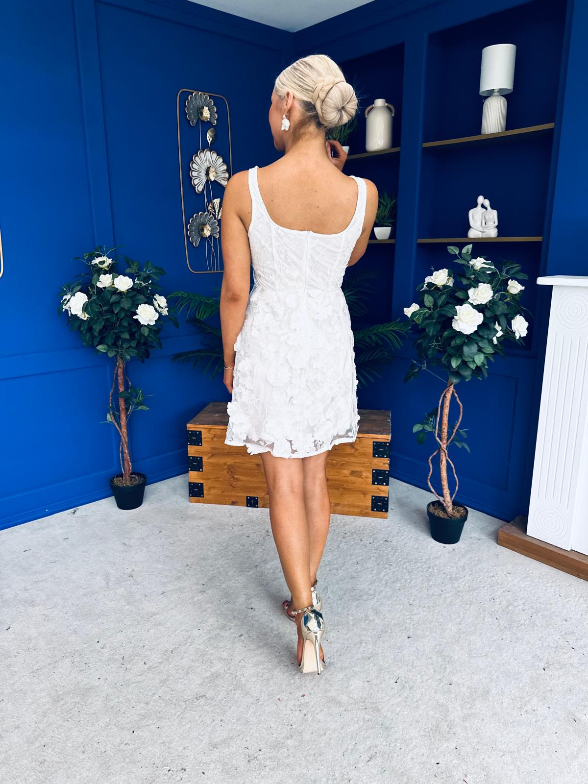 Celeste 3D Floral Square Neck Mini Dress Ivory