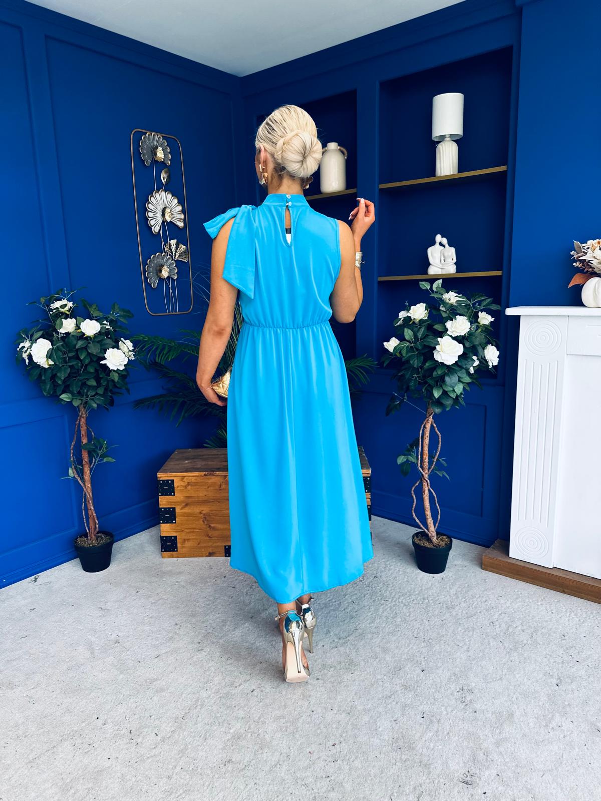 Joanna High Neck Bow Detail Midi Dress Cyan Blue