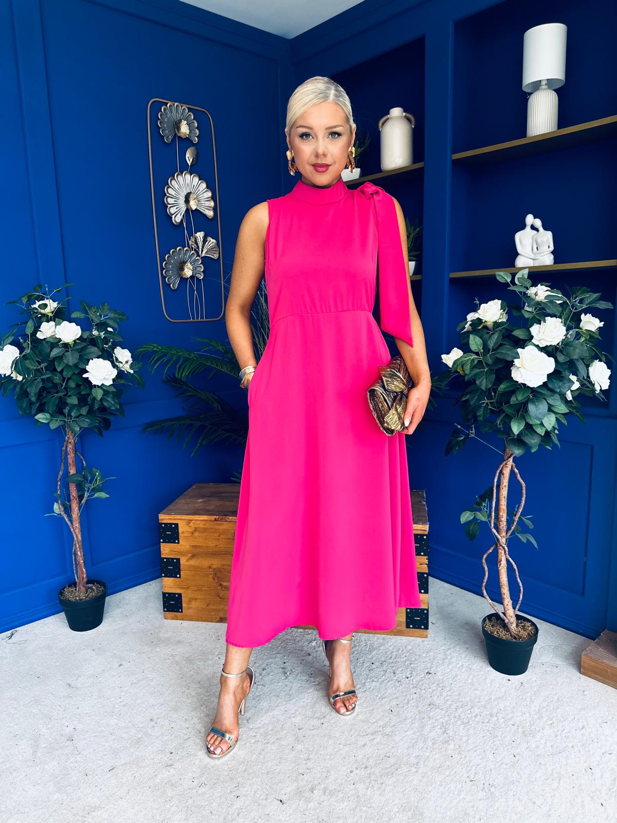 Joanna High Neck Bow Detail Midi Dress Fuchsia
