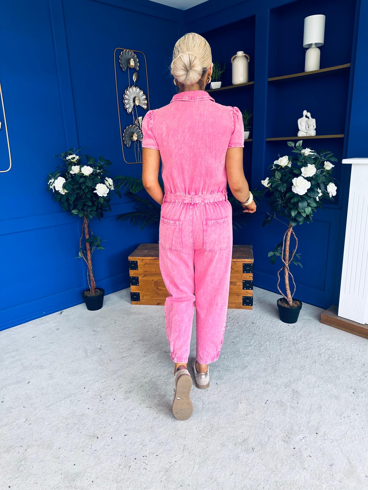 Marissa Short Sleeve Denim Jumpsuit Cerise