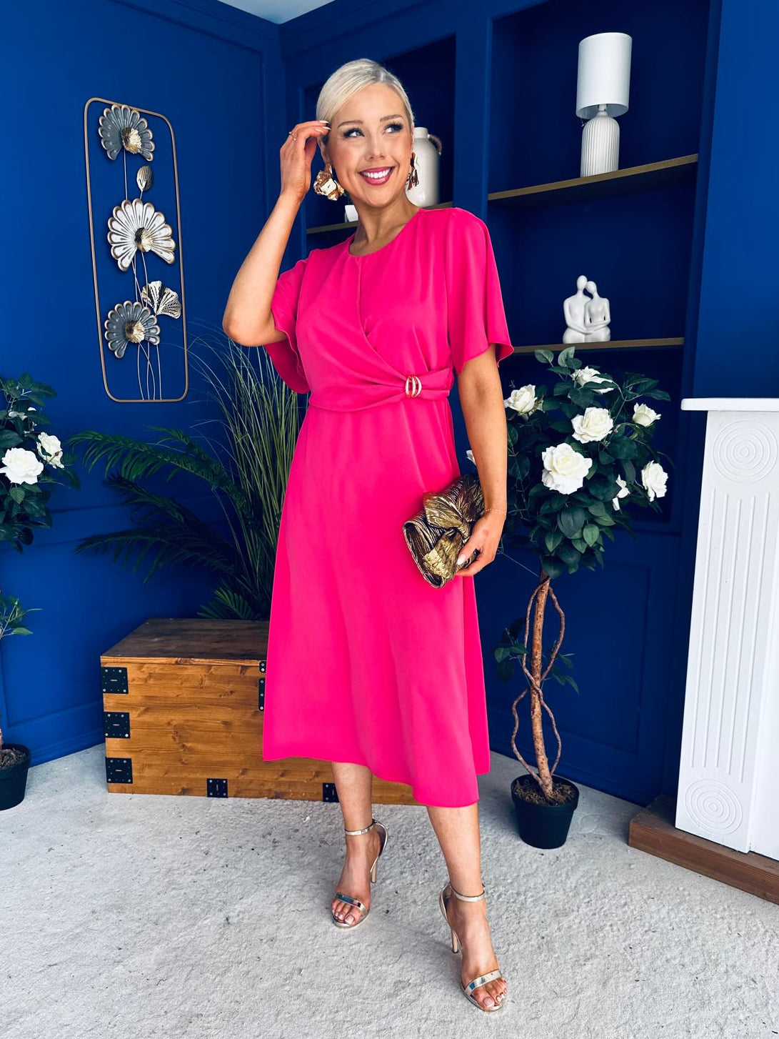 Jessica Gold Clasp Detailed Midi Dress Fuchsia – Canella Lane