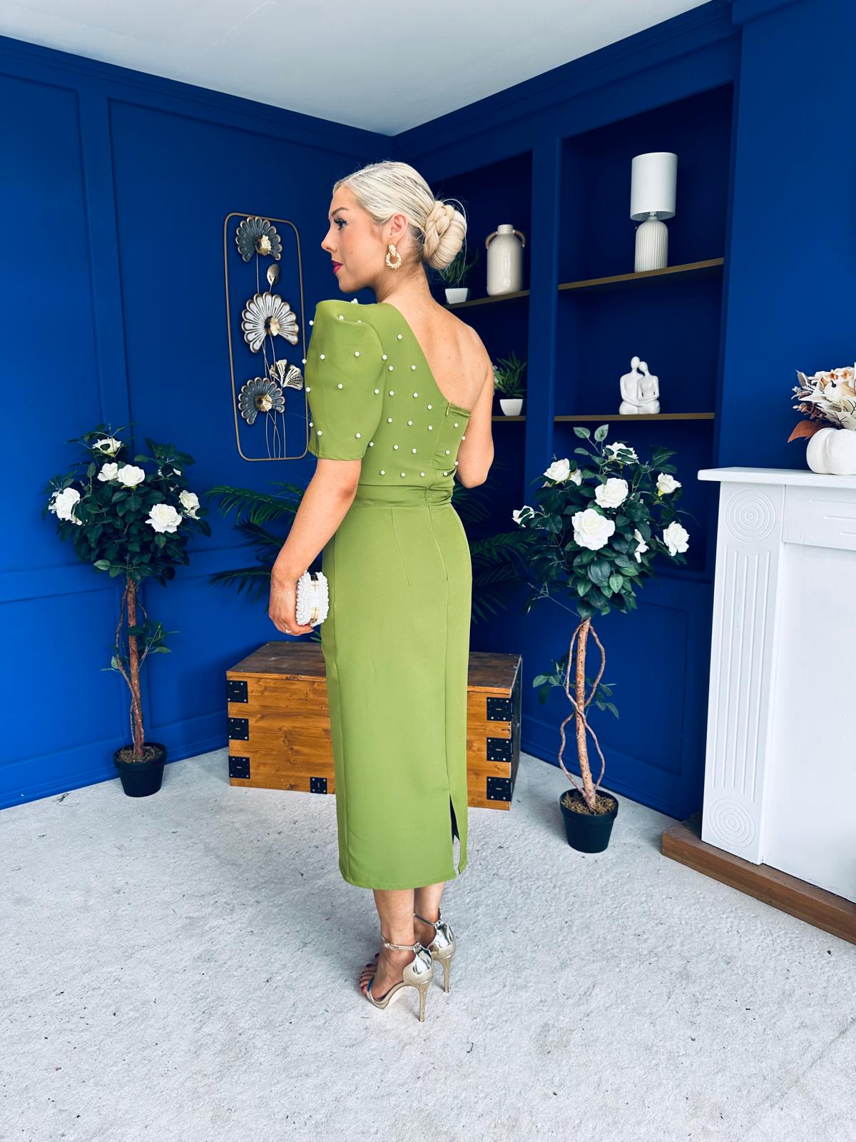 April Pearl Detail Occasion Midi Dress Olive