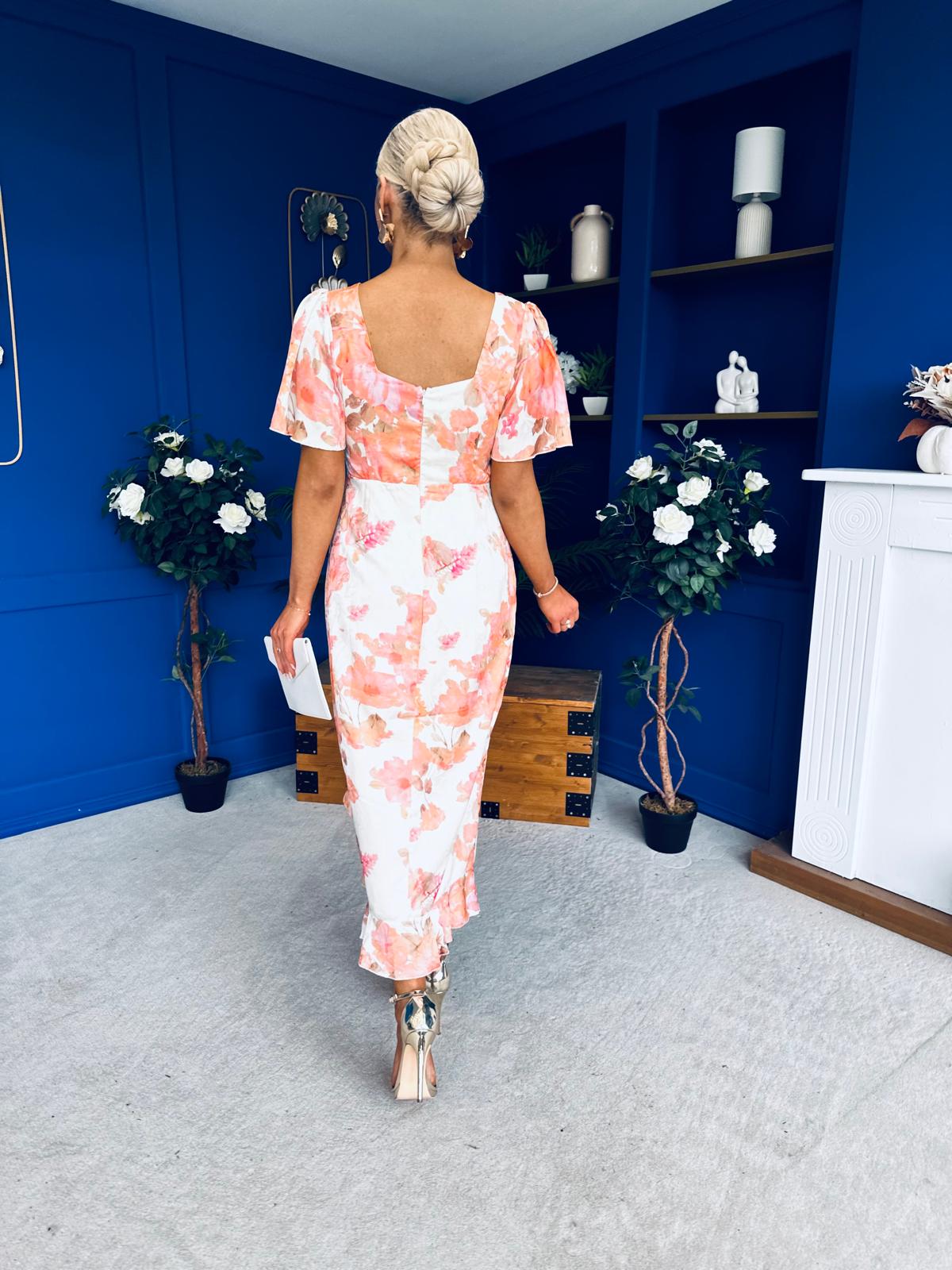 Heidi Square Neck Ruched Midi Dress Floral Coral