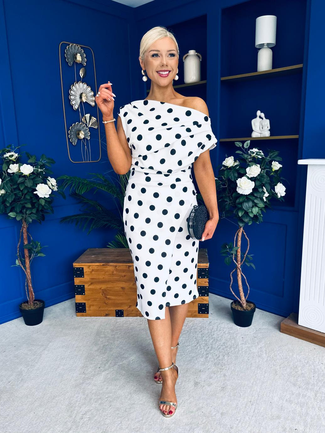 Ariana Asymmetric Neckline Midi Dress Polka White Canella Lane Ariana Asymmetric Neckline Midi Dress Polka White Canella Lane