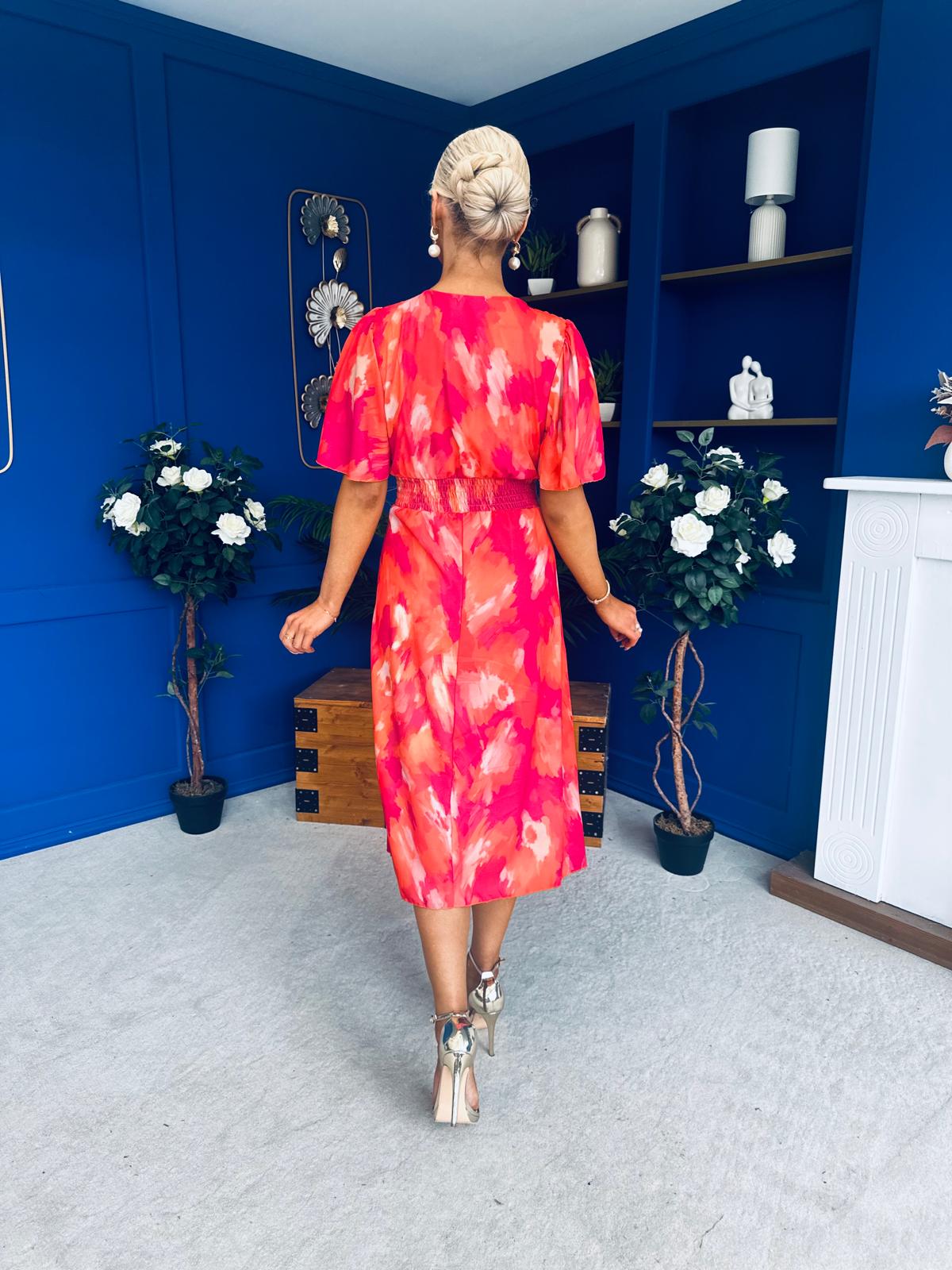 Saoirse Angel Sleeve Midi Dress Marble Coral