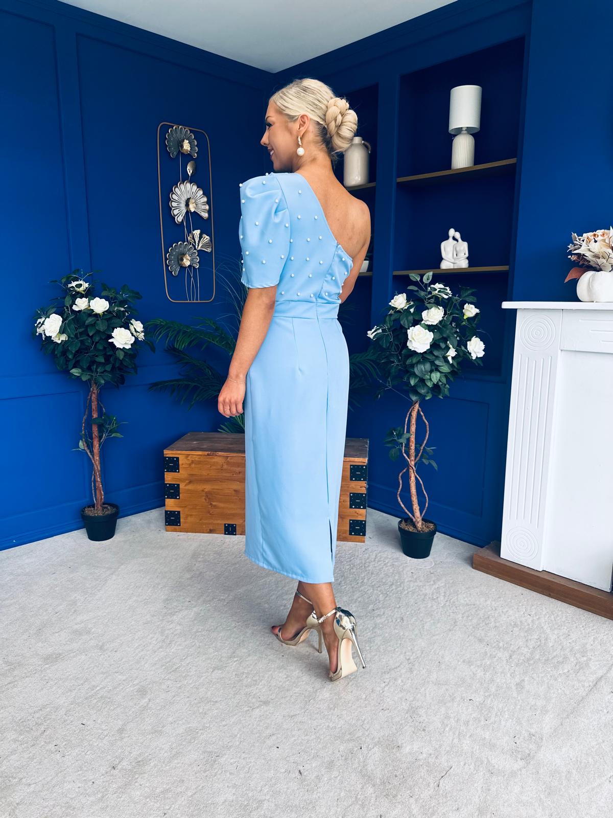 April Pearl Detail Occasion Midi Dress Pwr Blue