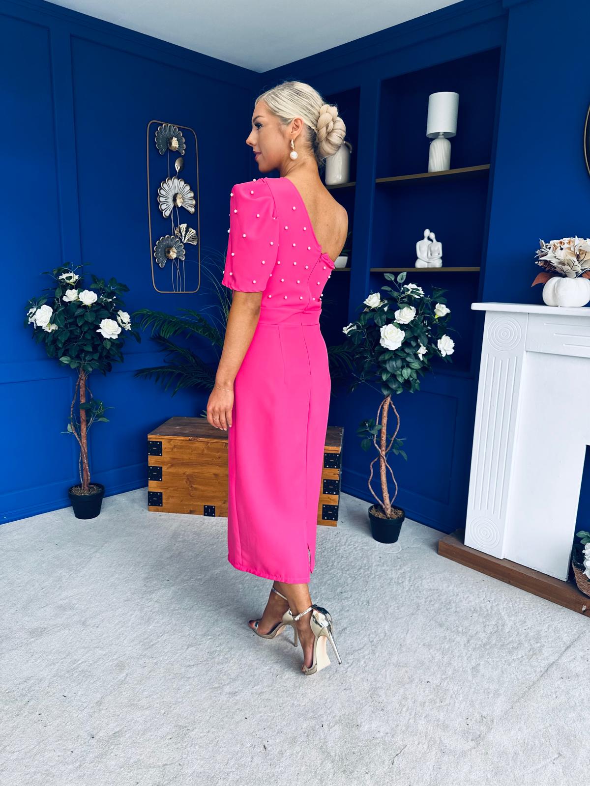 April Pearl Detail Occasion Midi Dress Hot Pink