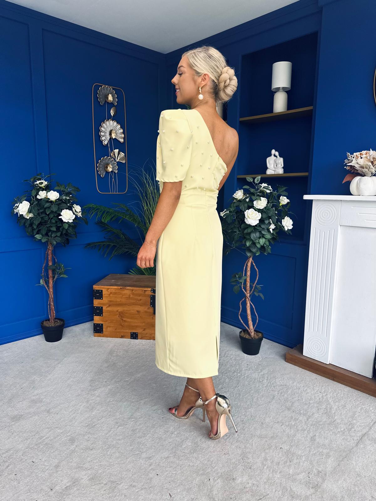 April Pearl Detail Occasion Midi Dress Yellow