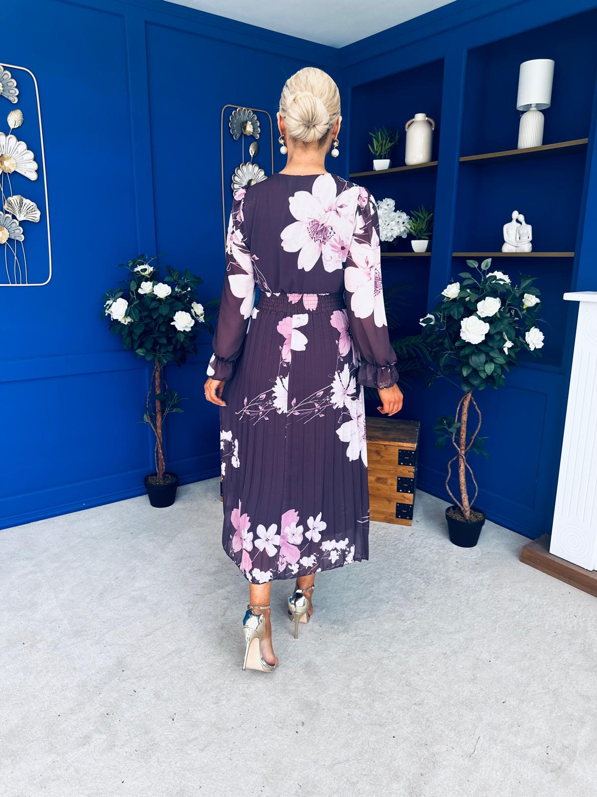 Blaithin Pleated Midi Dress Floral Burgundy