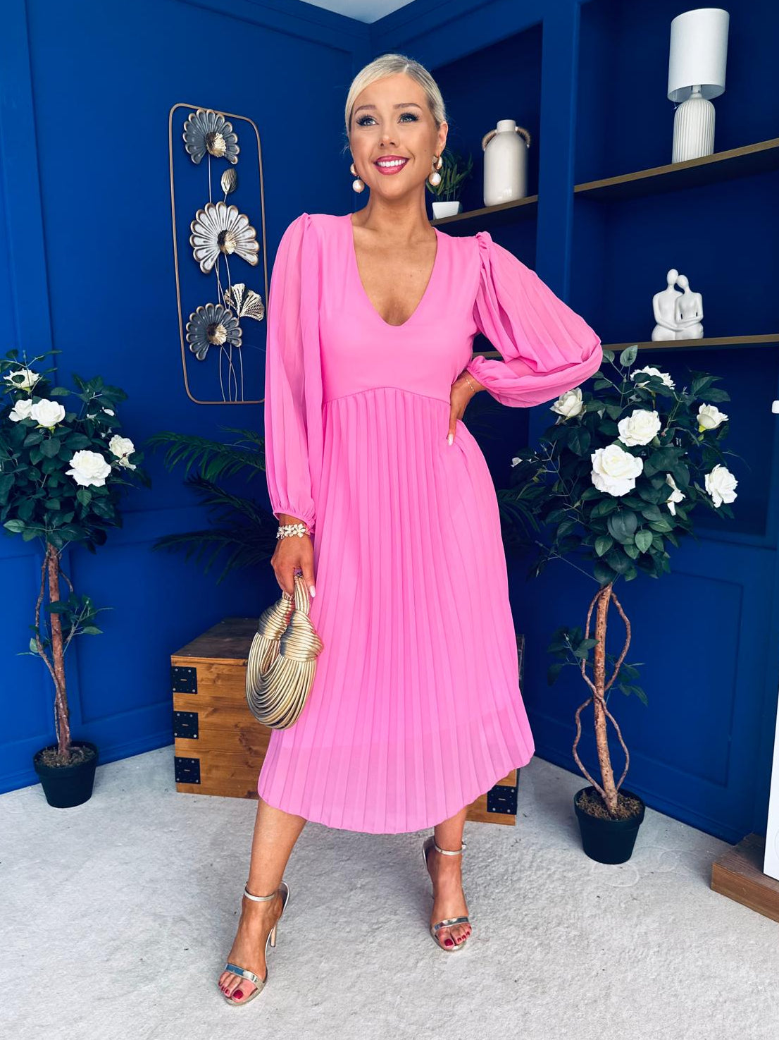 Ciara Pleat Detail Midi Dress Cerise
