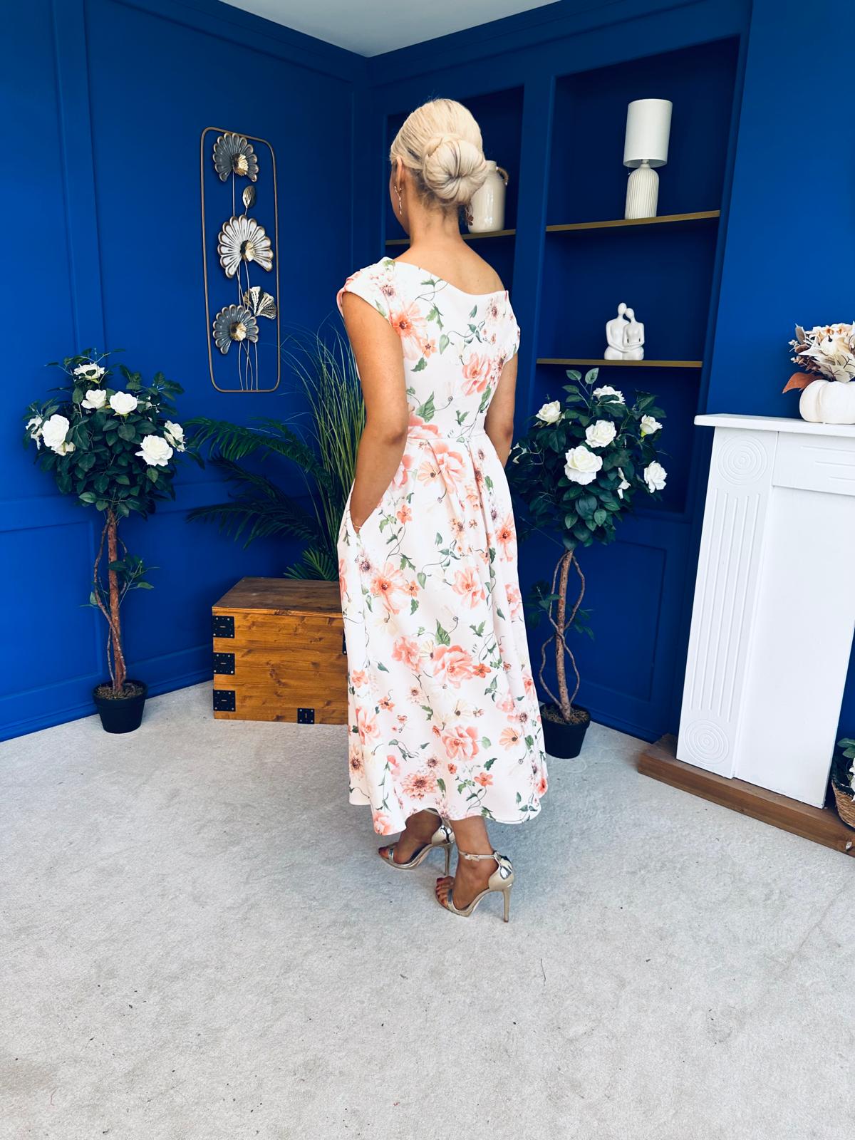 Breffy Asymmetric Neckline Skater Midi Floral Peach