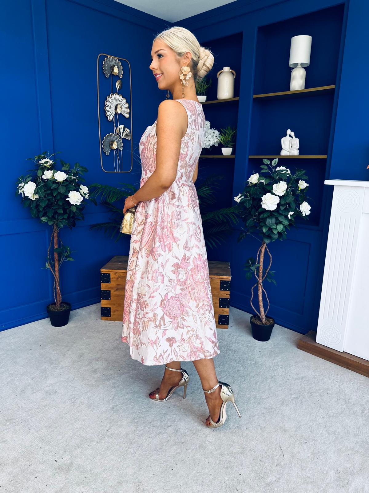 Rosie Strappy Floral Jacquard Midi Dress Pink Floral