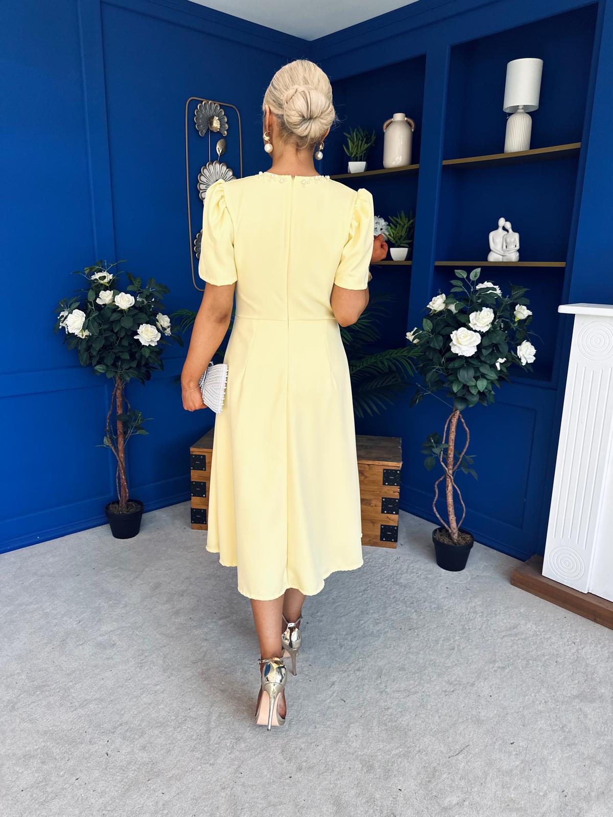 Charlotte Pearl & Bow Detail Occasion Dress Yellow Pre Order 24 Mar