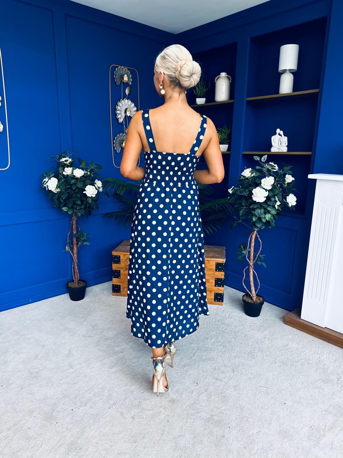 Meadow Banded Midi Dress Polka Navy