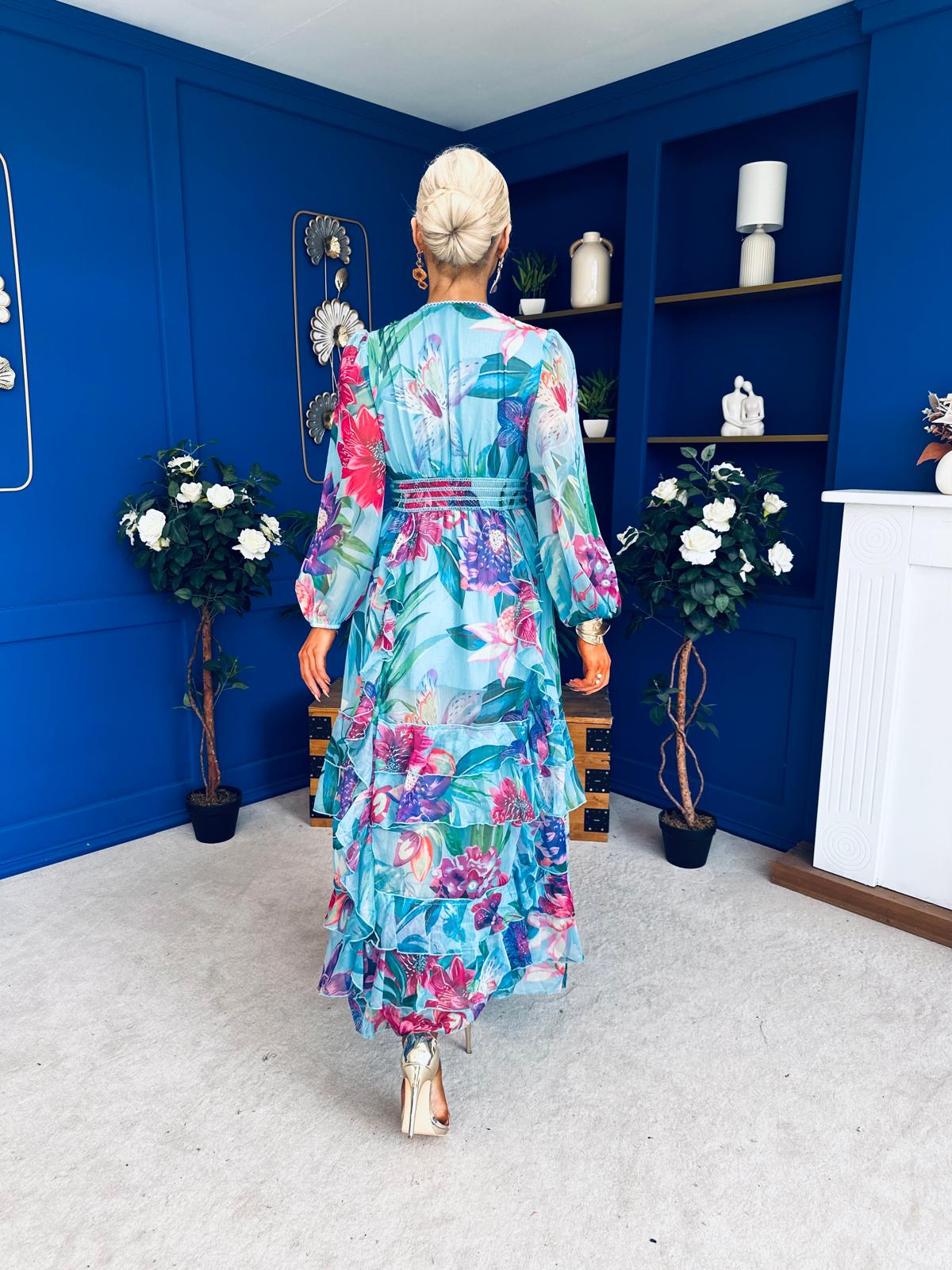 Marian Frill Detail Occasion Dress Aqua