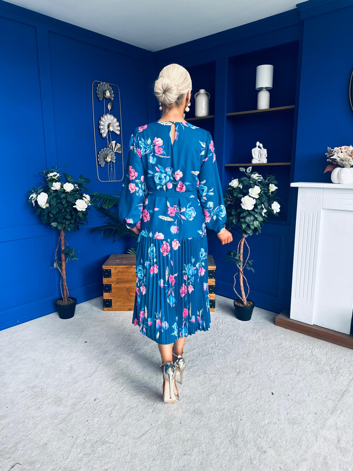 Bevin Belted Midi Dress Floral Midnight Blue
