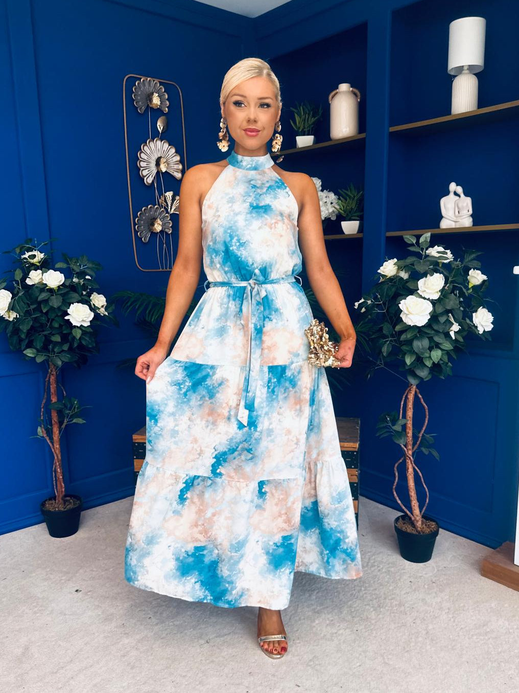Zelpha Halterneck Tiered Maxi Dress Blue Marble Zelpha Halterneck Tiered Maxi Dress Blue Marble