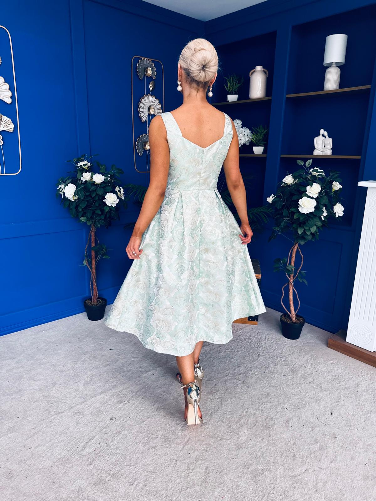 Celia Square Neck Jacquard Occasion Dress Mint