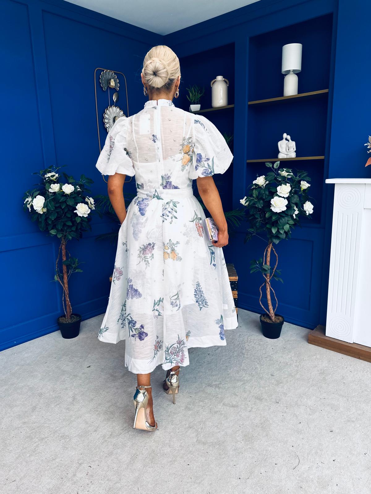 Dorothy Embellished Midi Shirt Dress Floral White