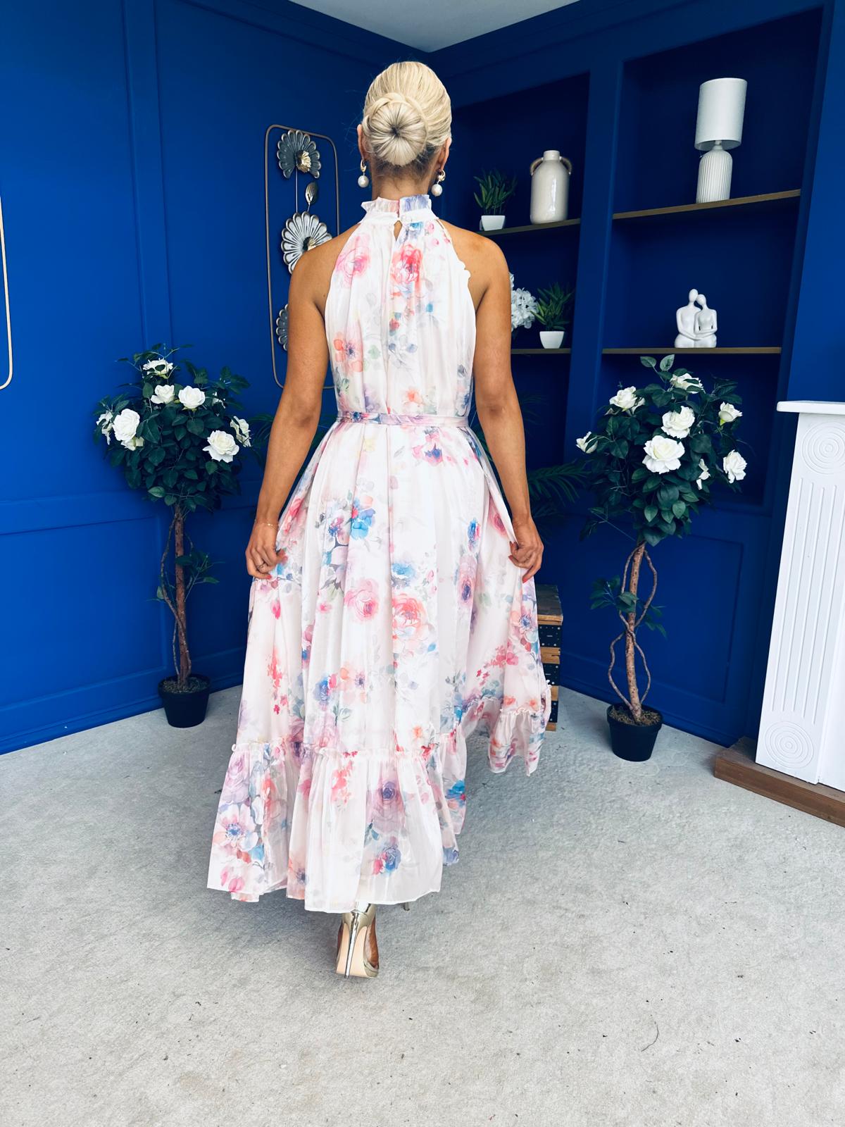 Gayle High Neck Occasion Dress Floral Cream