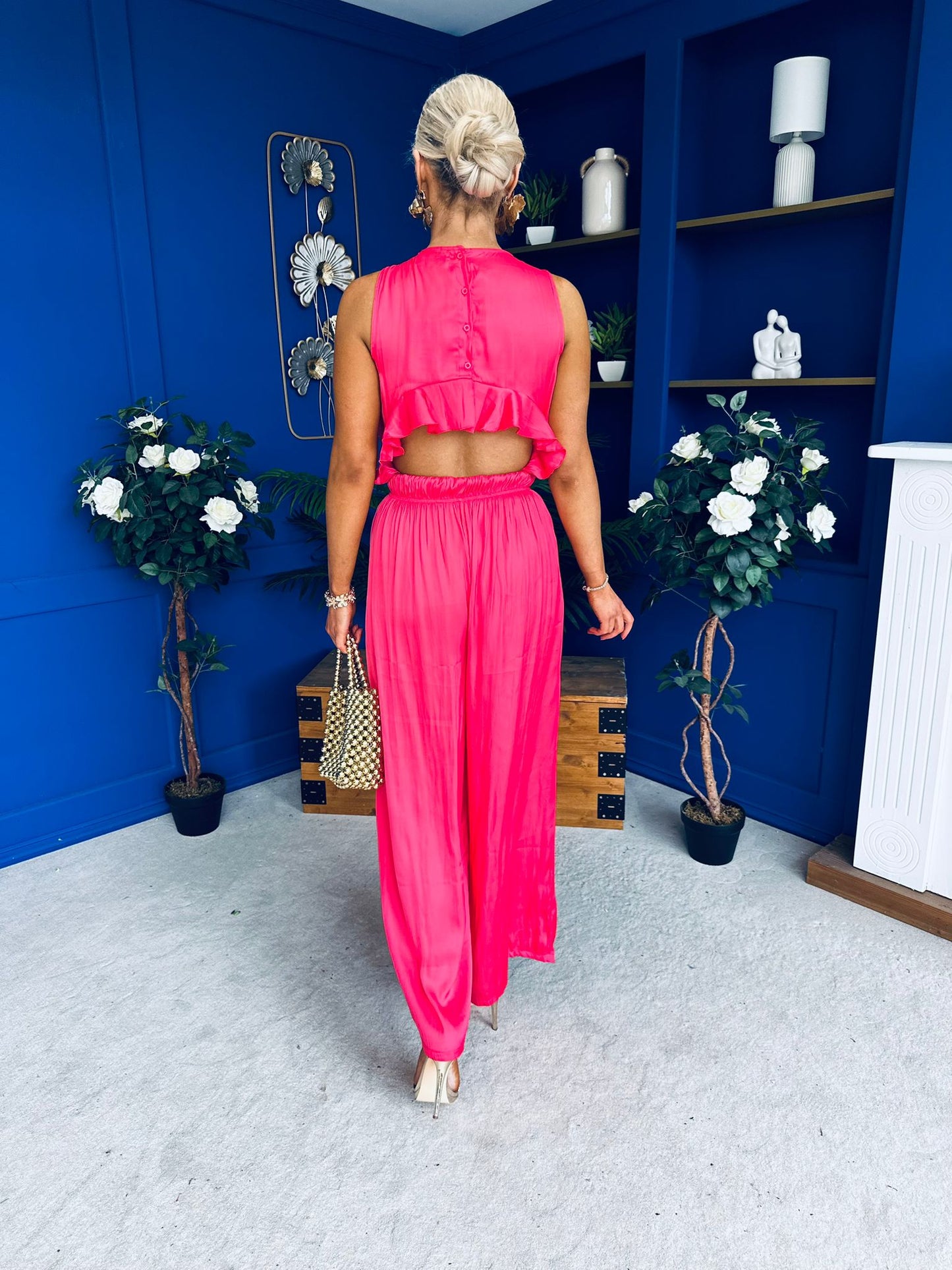 Bella High Neck Satin Jumpsuit Coral