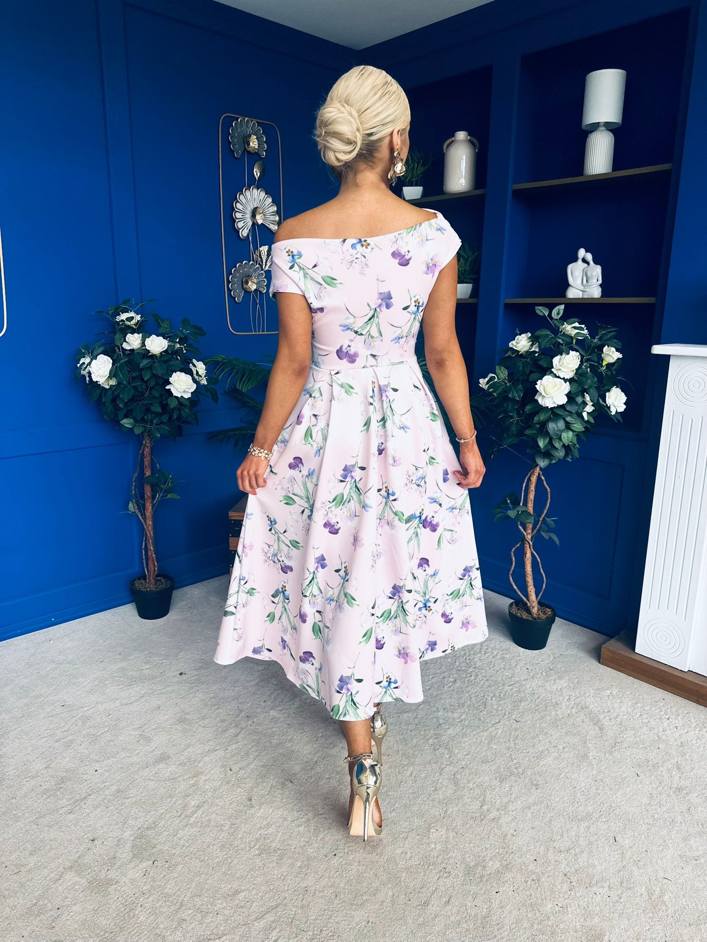 Breffy Asymmetric Neckline Skater Midi Floral Purple