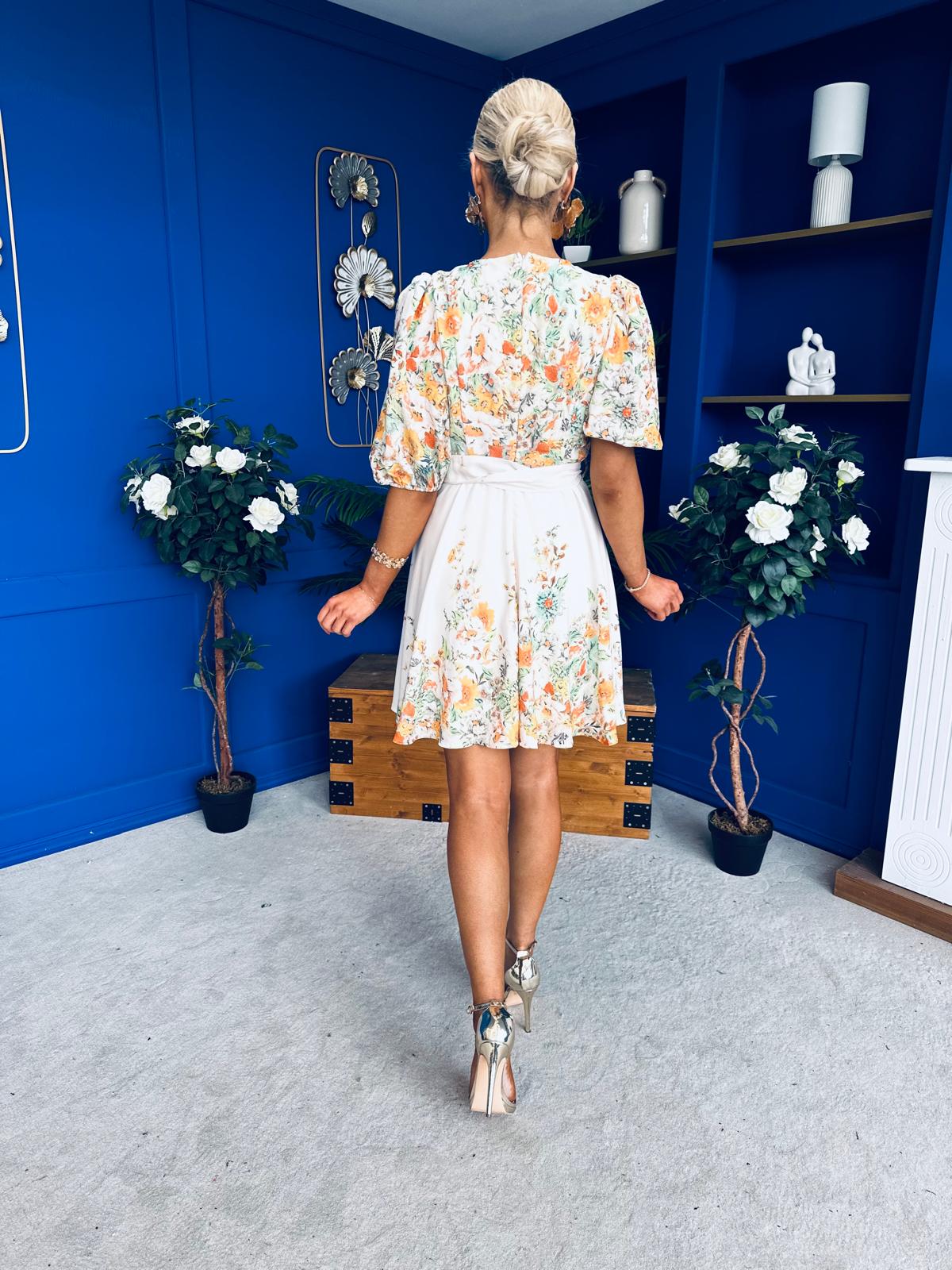 Azelia Puff Sleeve V Neck Mini Dress Floral Yellow
