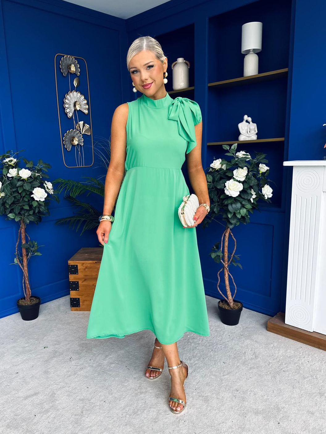 Joanna High Neck Bow Detail Midi Dress Emerald Canella Lane Joanna High Neck Bow Detail Midi Dress Emerald Canella Lane