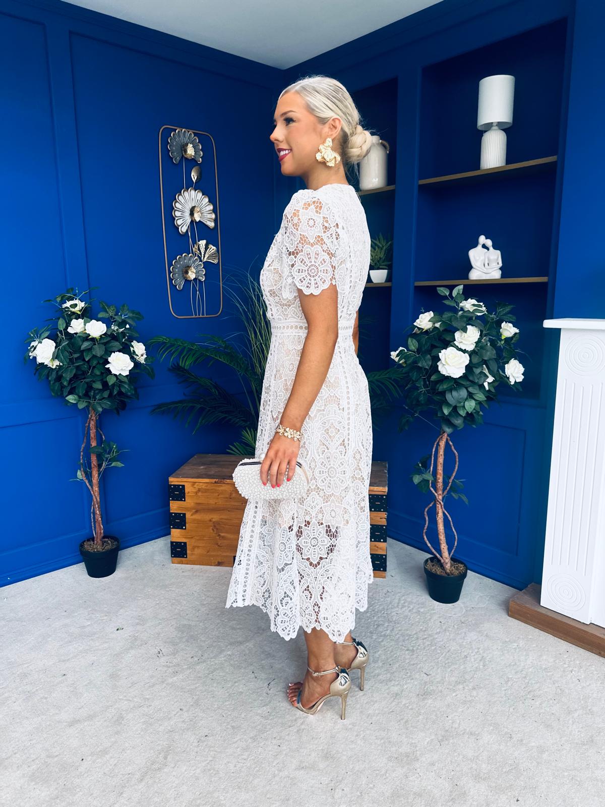 Niamh Crochet Occasion Midi Dress White