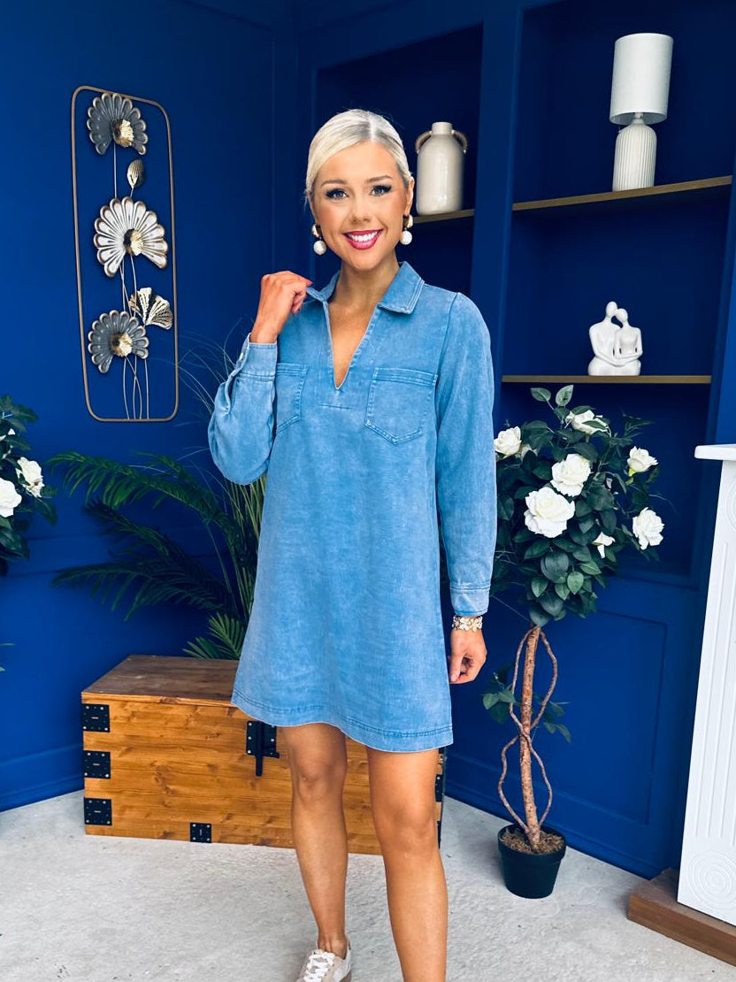 Alice Denim Mini Shift Dress Blue – Canella Lane