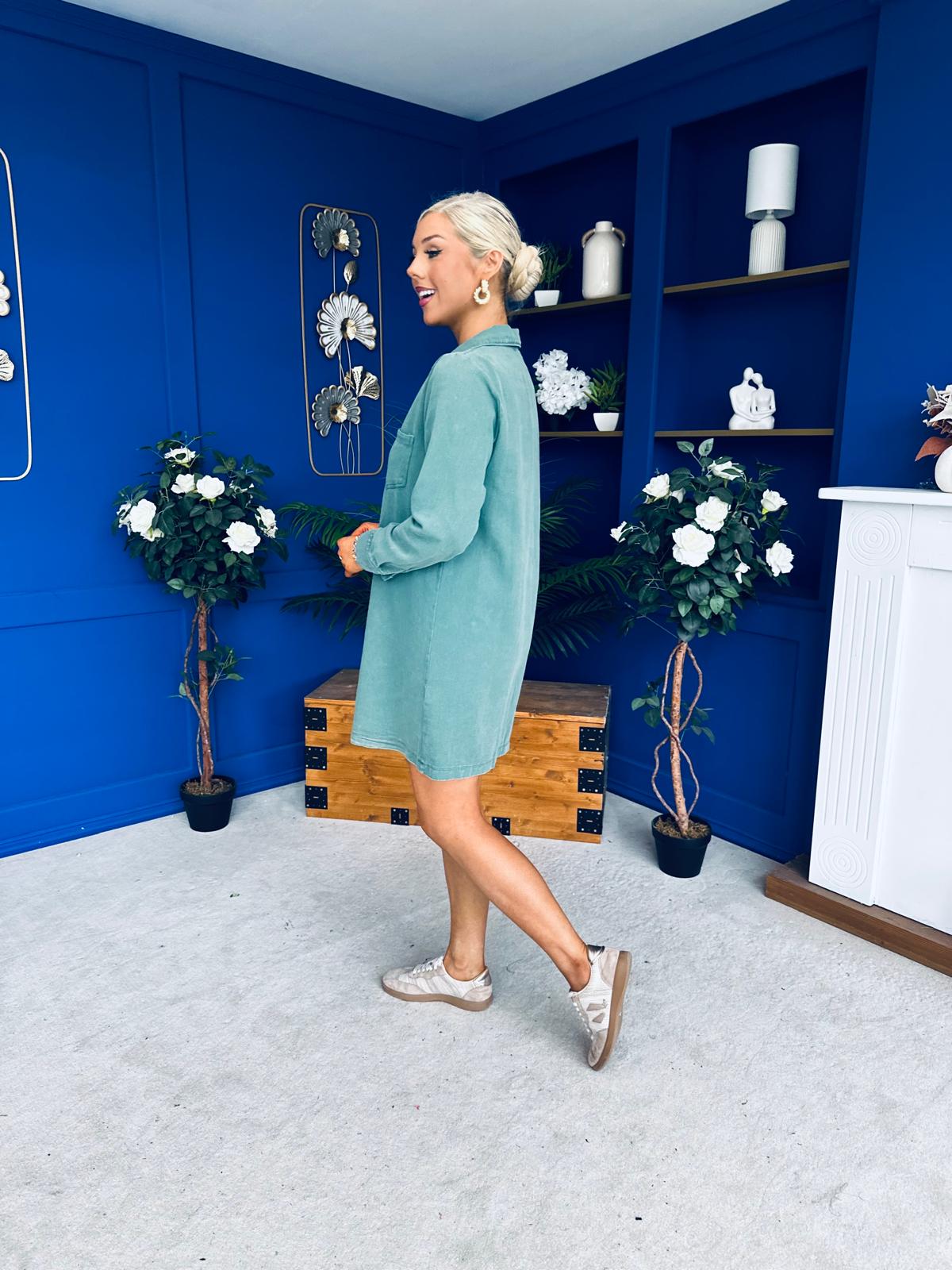Alice Denim Mini Shift Dress Bottle Green