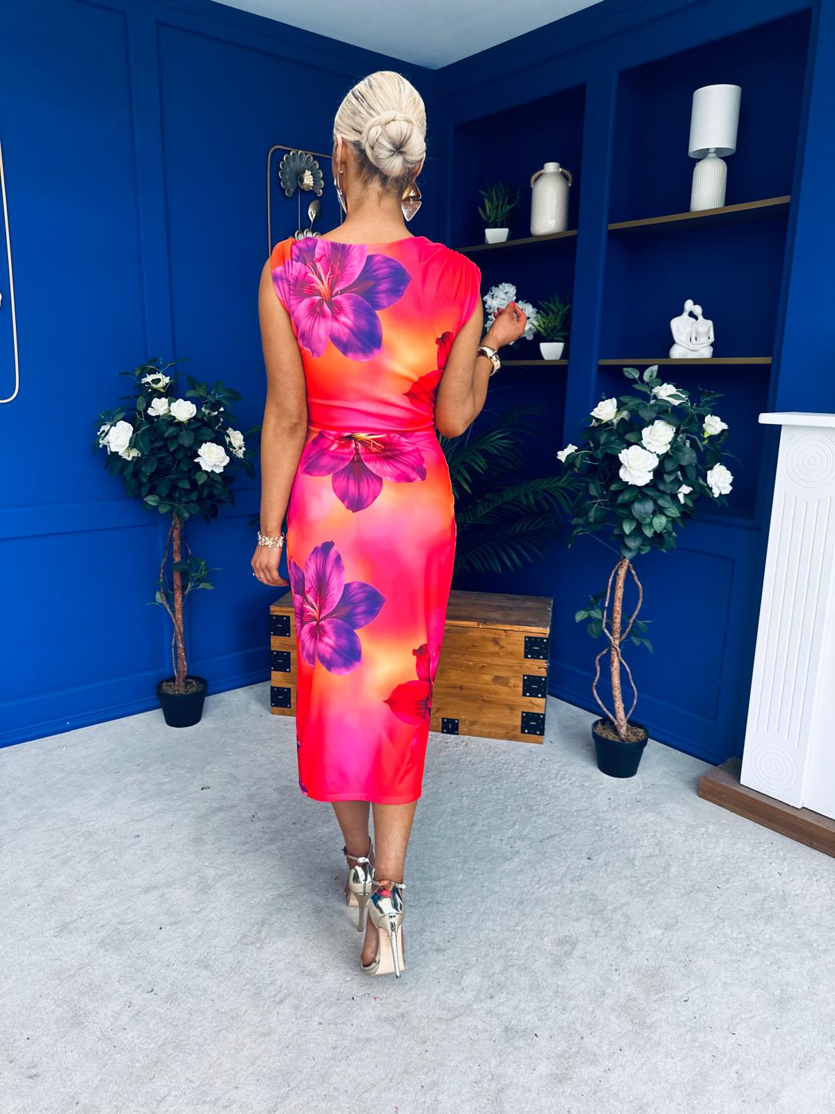 Estelle Floral Print Bodycon Midi Dress Coral