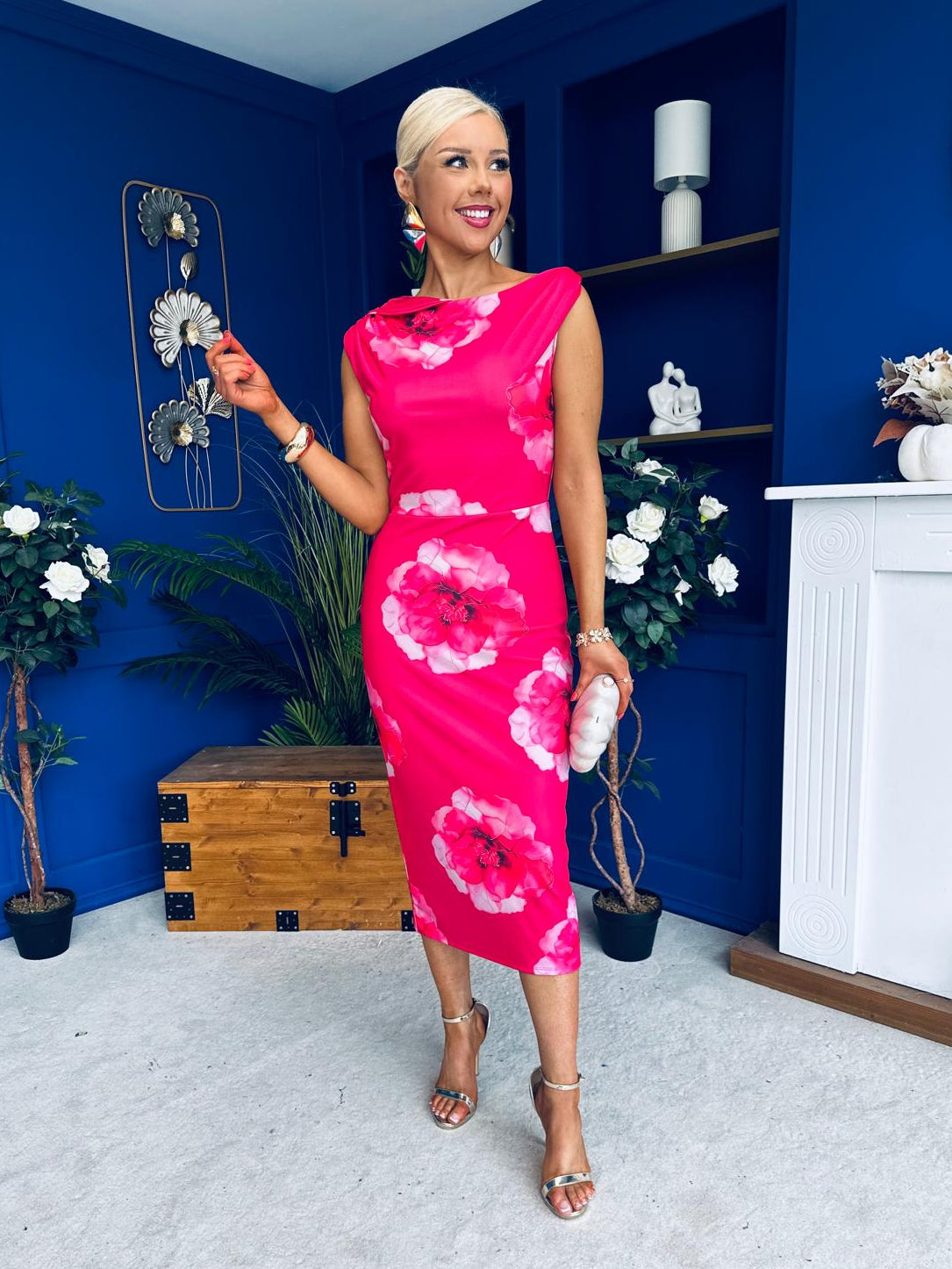 Estelle Floral Print Bodycon Midi Dress Hot Pink Estelle Floral Print Bodycon Midi Dress Hot Pink