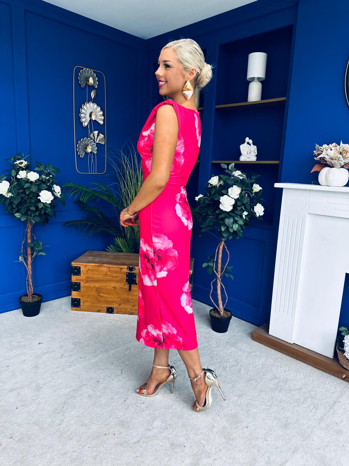 Estelle Floral Print Bodycon Midi Dress Hot Pink