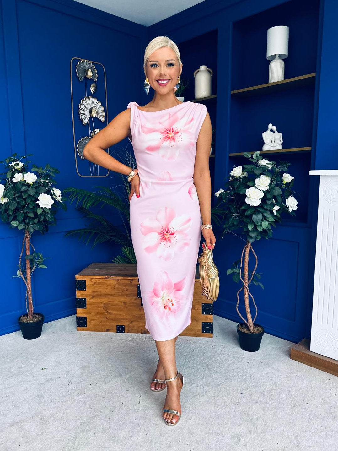 Estelle Floral Print Bodycon Midi Dress Baby Pink