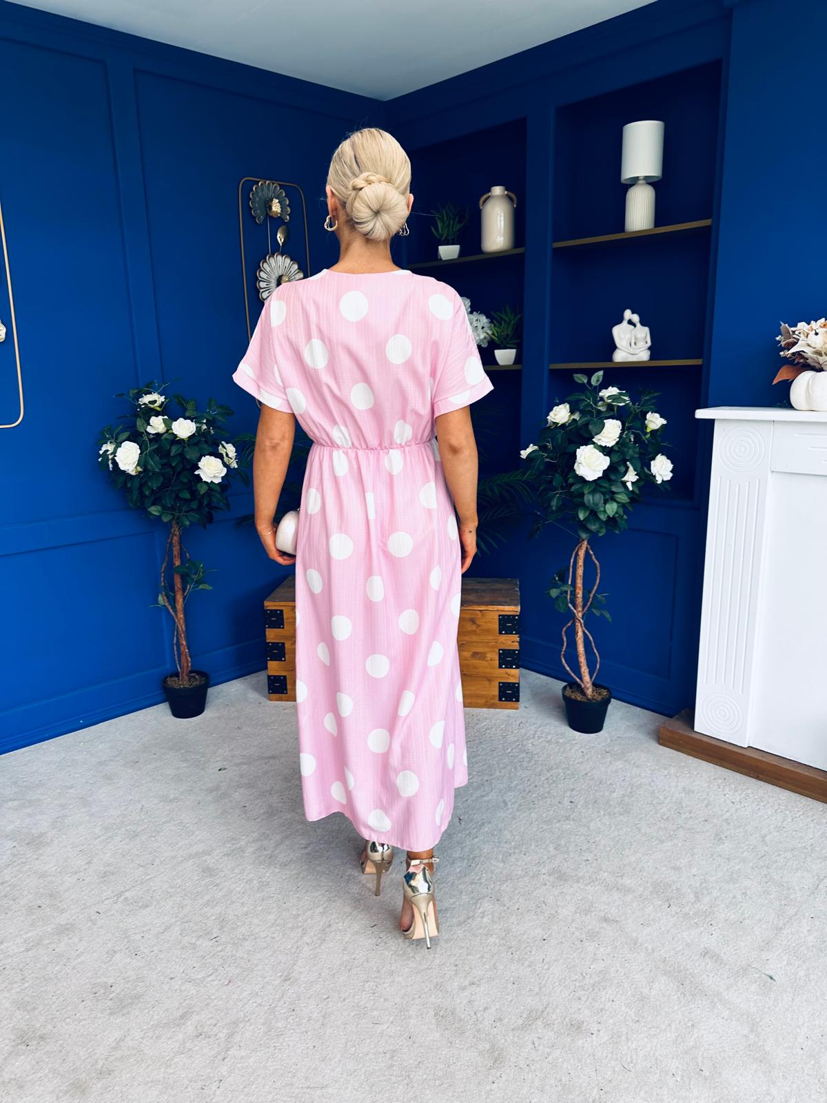 Katrina Short Sleeve Midi Dress Polka Pink