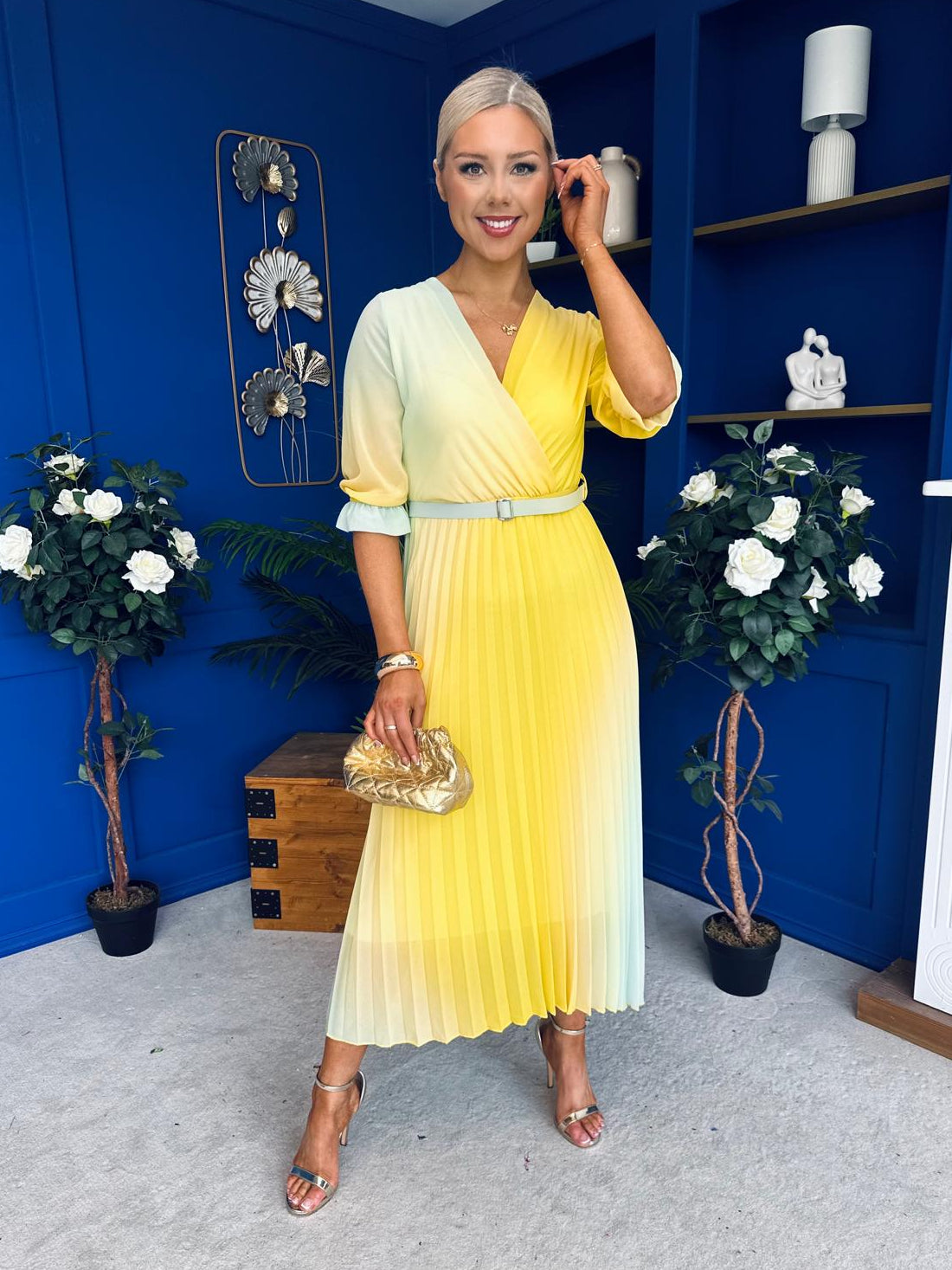 Danny Pleated Midi Dress Ombre Yellow  Canella Lane